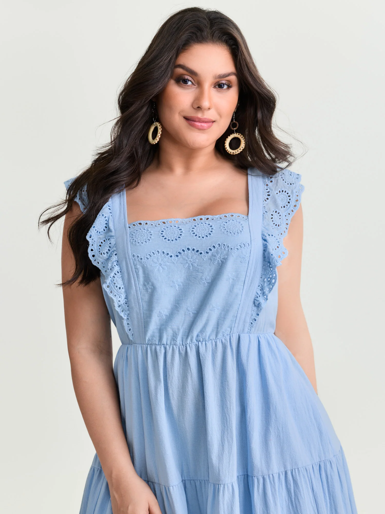 Cotton Flutter Sleeve Tiered Plain Midi Dress - Image 2