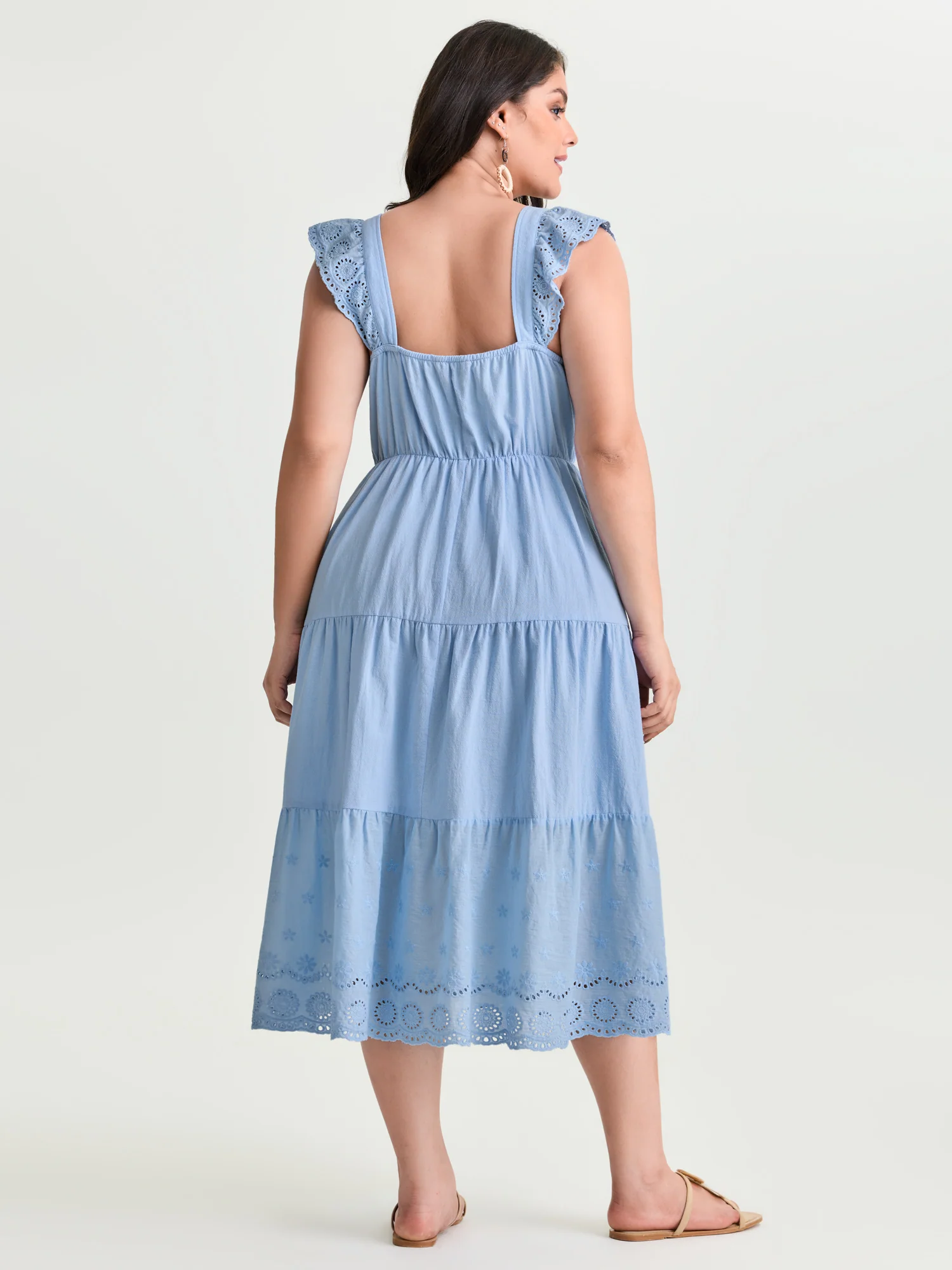 Cotton Flutter Sleeve Tiered Plain Midi Dress - Image 5