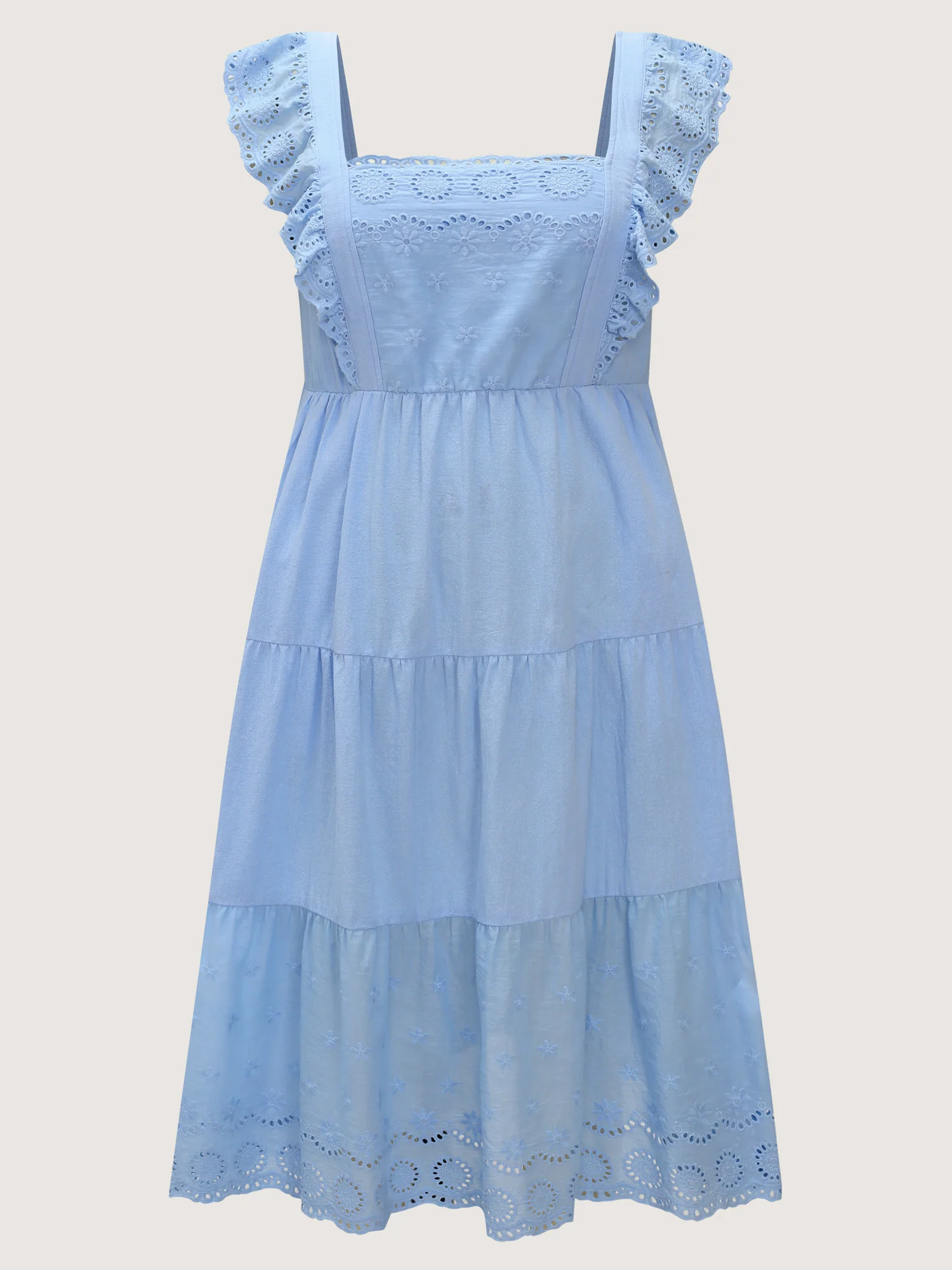 Cotton Flutter Sleeve Tiered Plain Midi Dress - Image 8