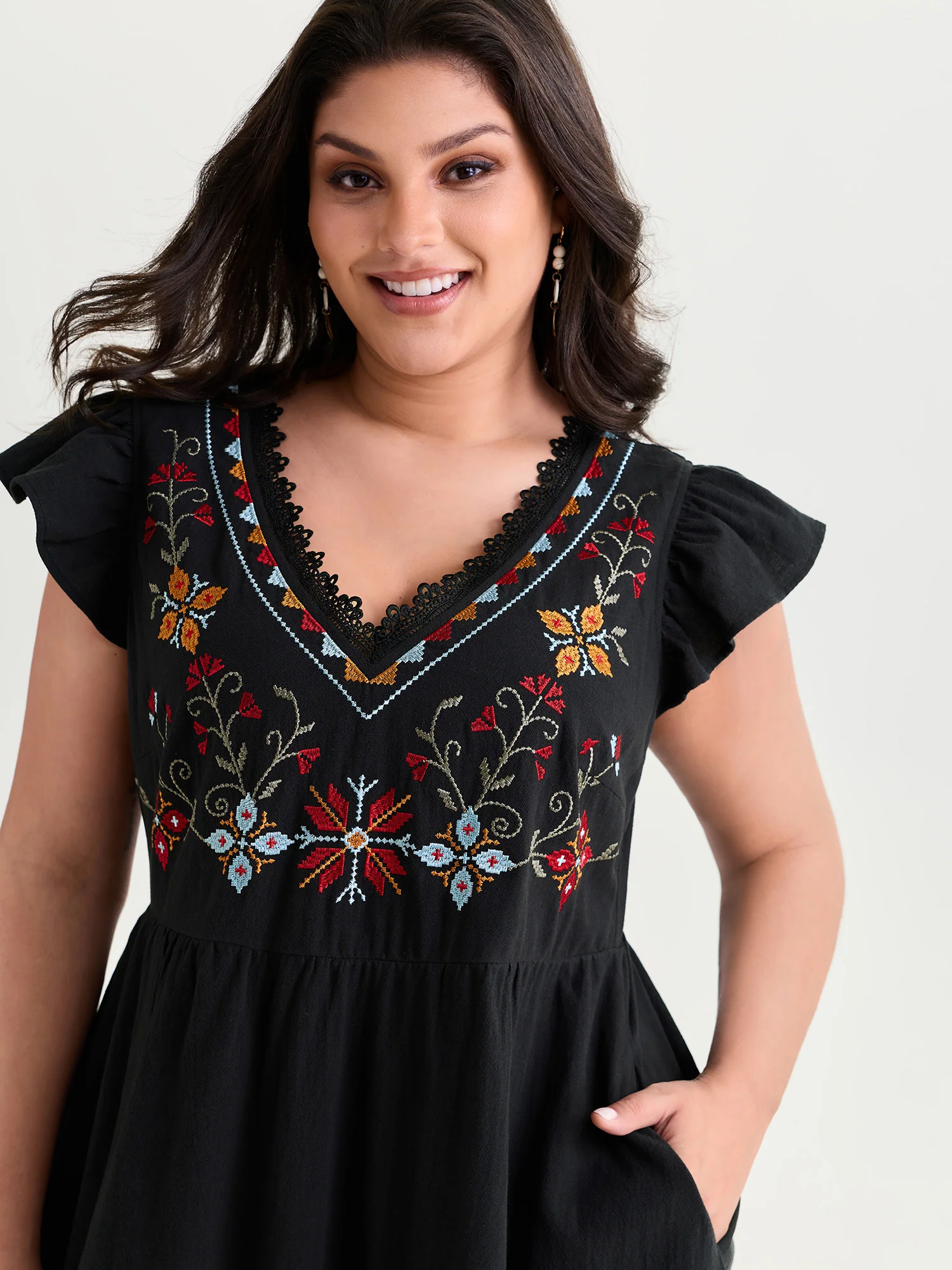 Cotton Geometric Embroidered V-Neck Lace Mini Dress - Image 2