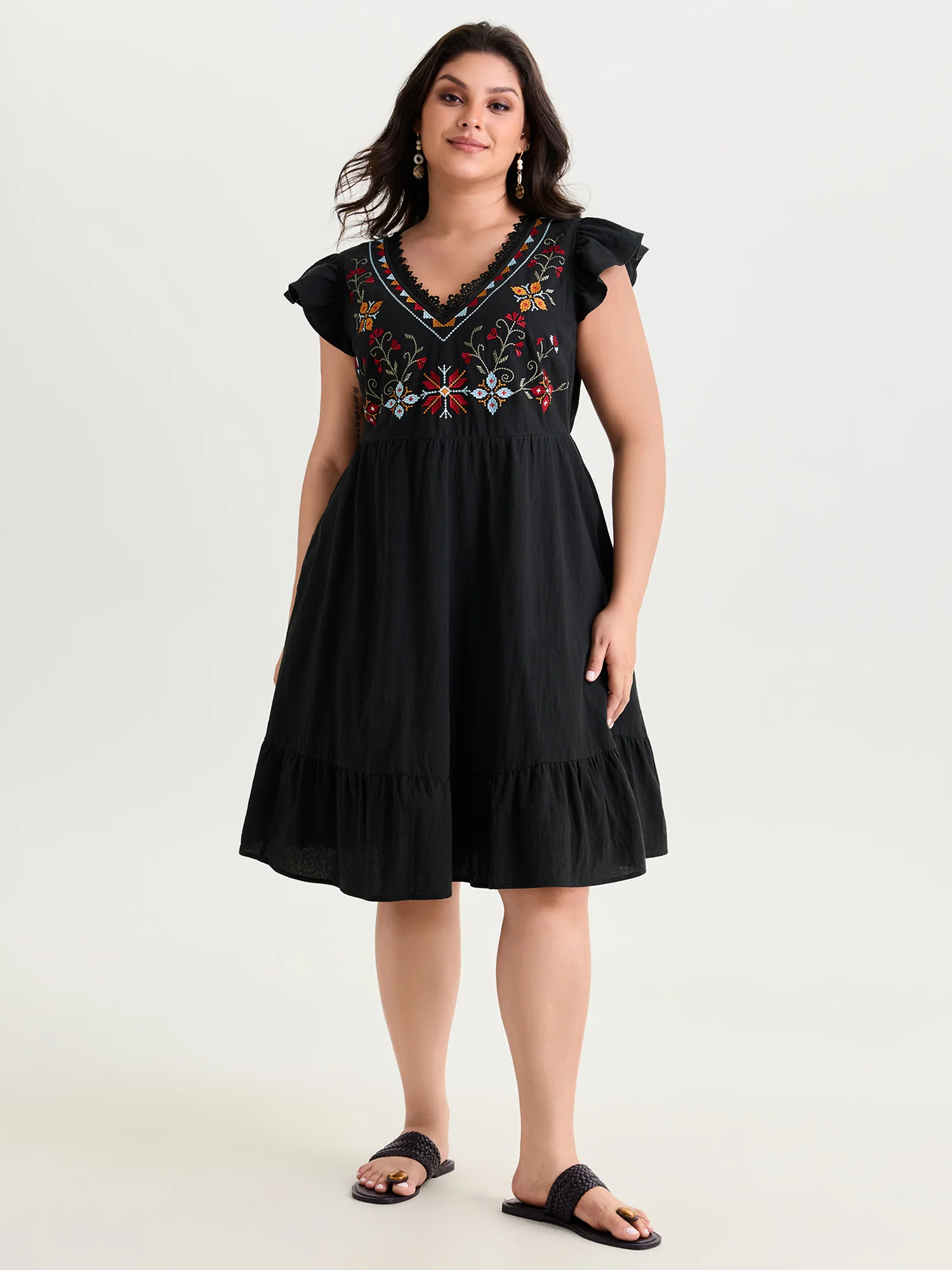 Cotton Geometric Embroidered V-Neck Lace Mini Dress - Image 3