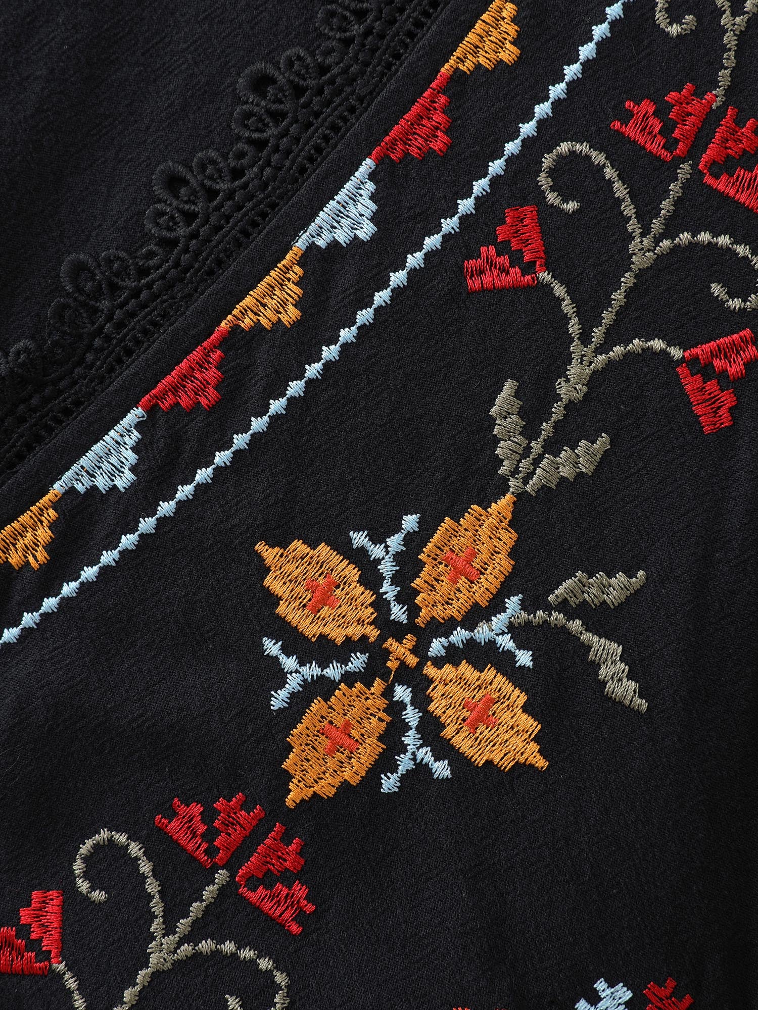 Cotton Geometric Embroidered V-Neck Lace Mini Dress - Image 6