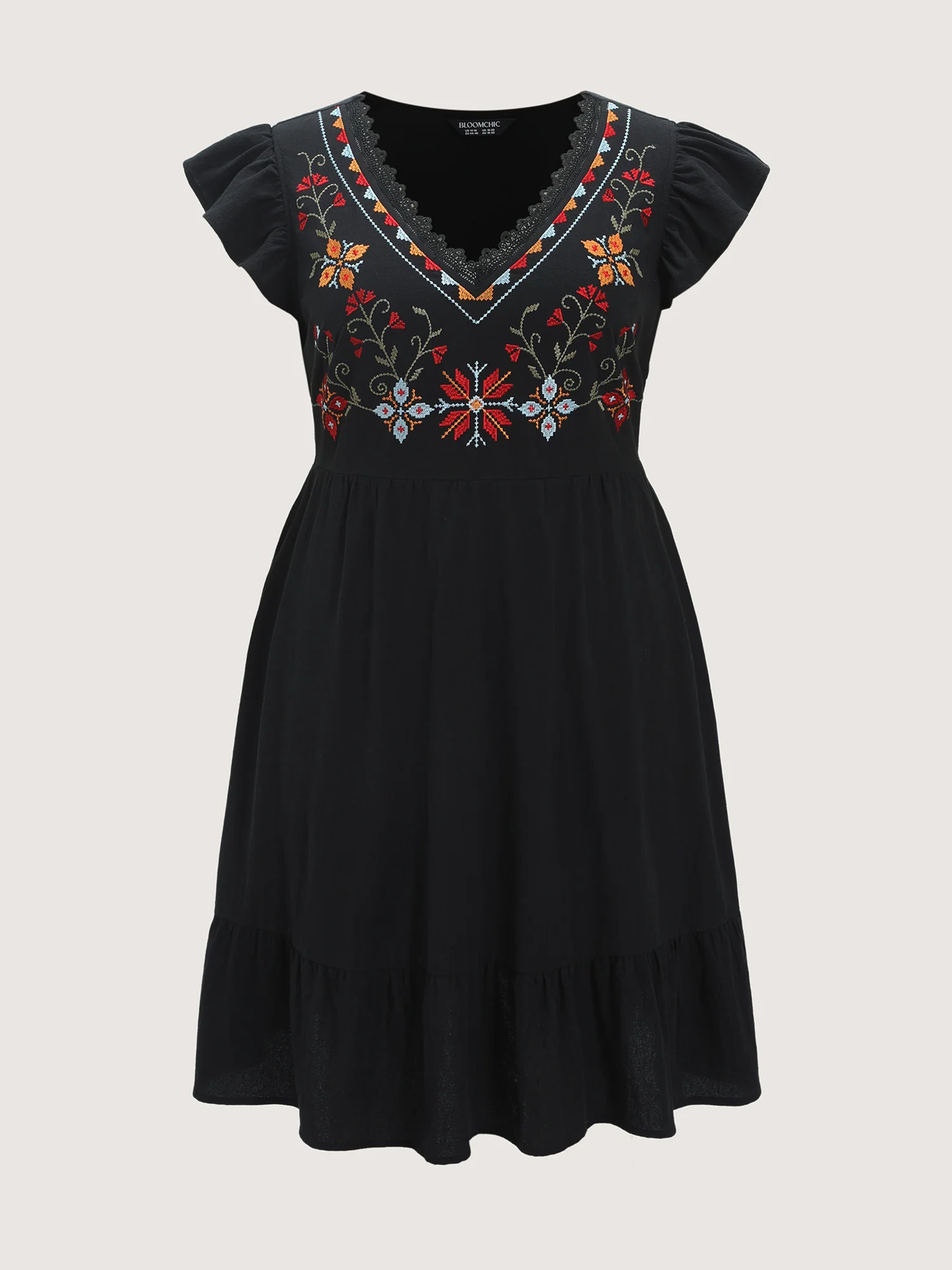 Cotton Geometric Embroidered V-Neck Lace Mini Dress - Image 7