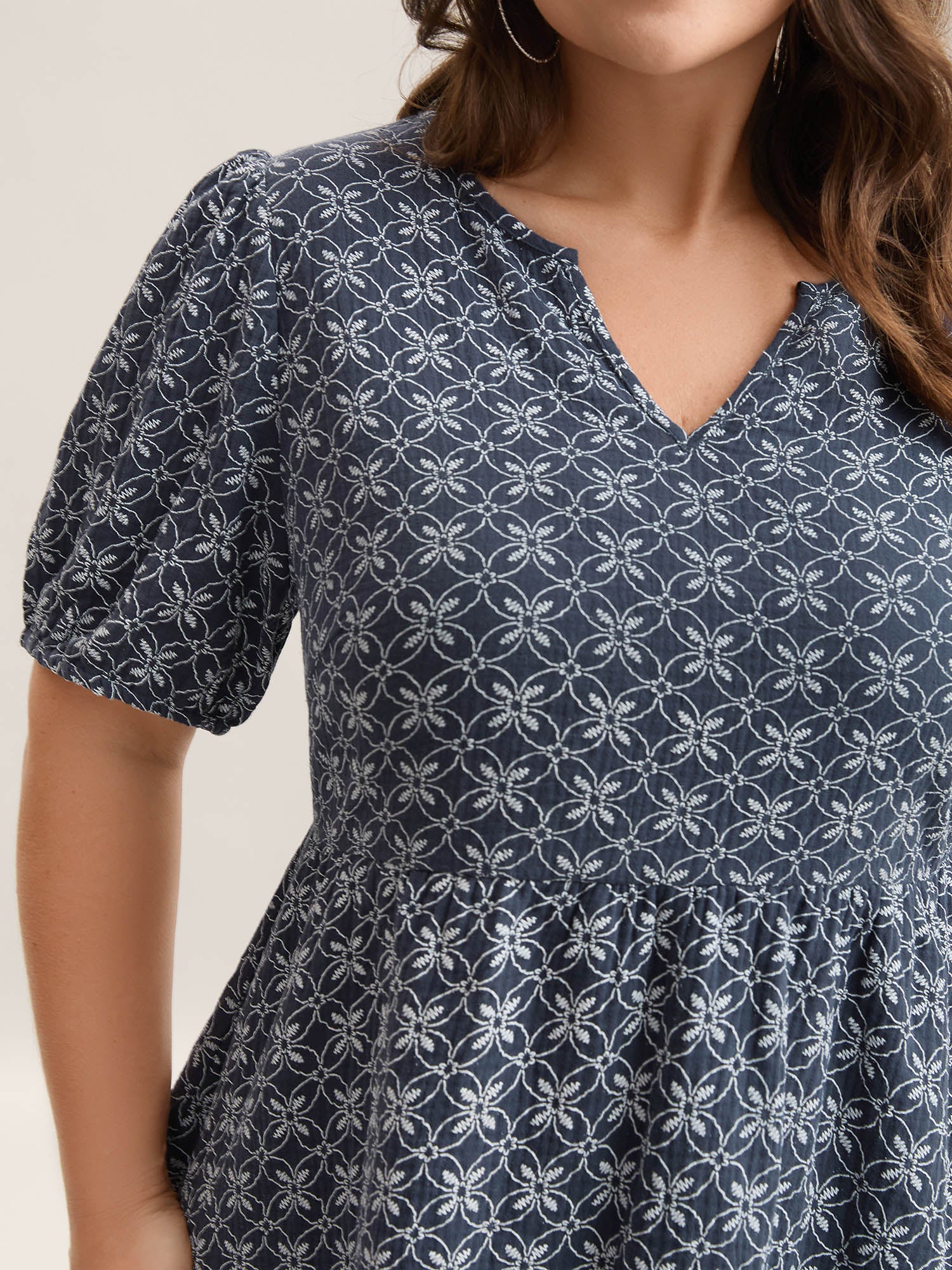 Cotton Geometric Print Puff Sleeve Babydoll Top - Image 2