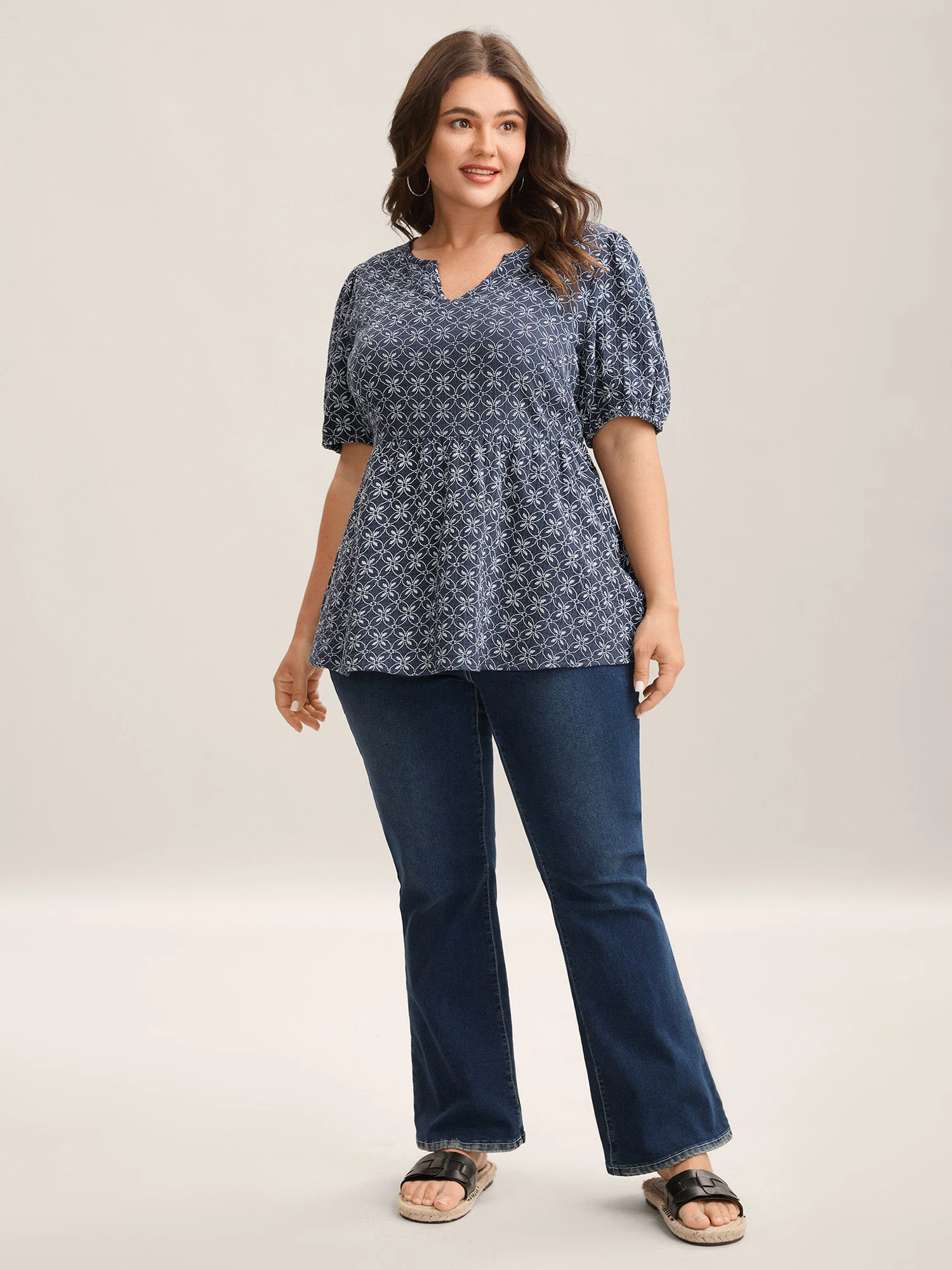 Cotton Geometric Print Puff Sleeve Babydoll Top - Image 3
