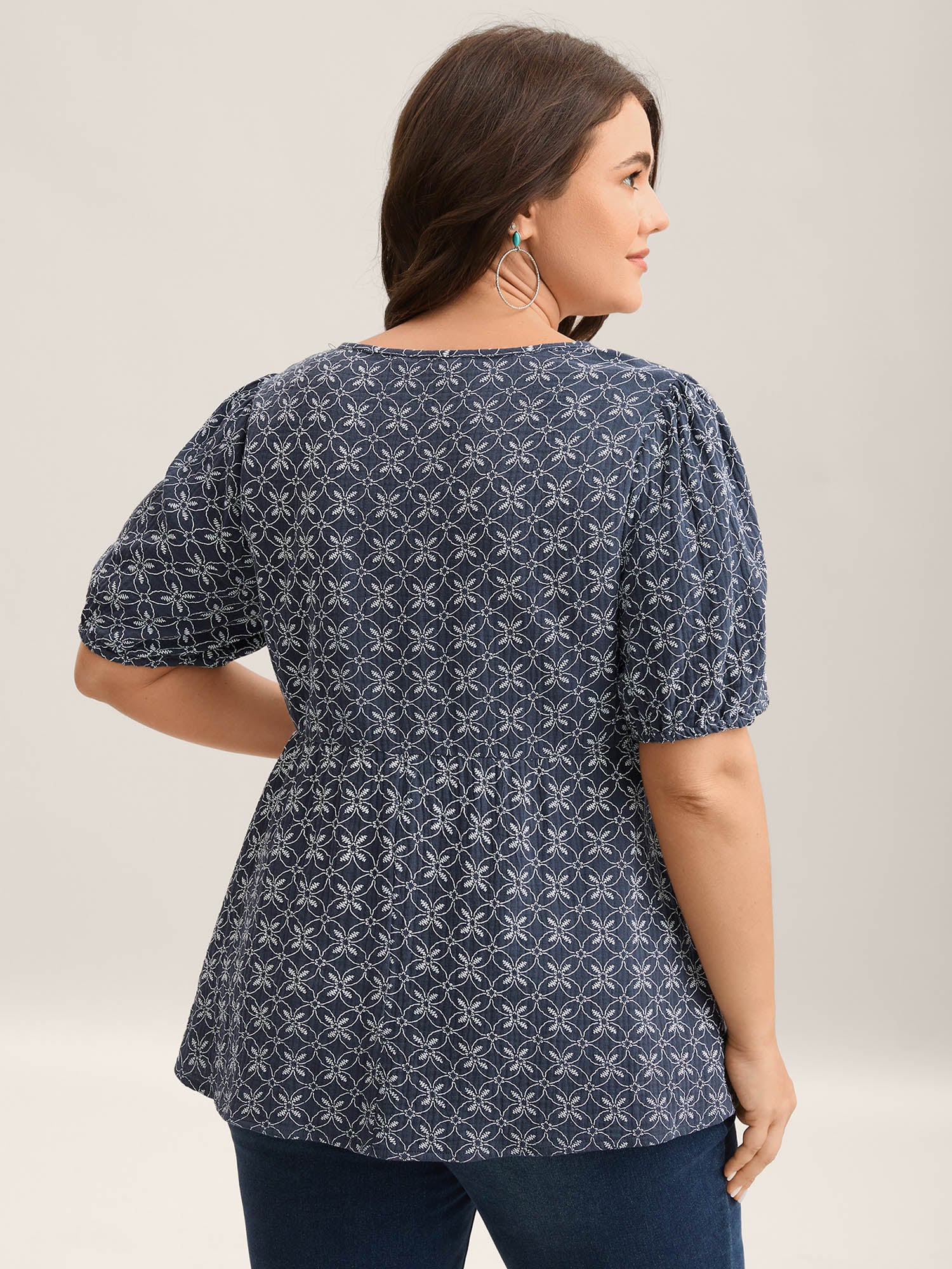 Cotton Geometric Print Puff Sleeve Babydoll Top - Image 4