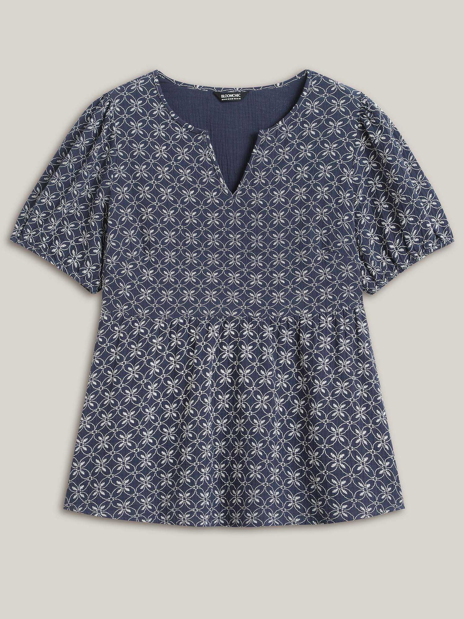 Cotton Geometric Print Puff Sleeve Babydoll Top - Image 7