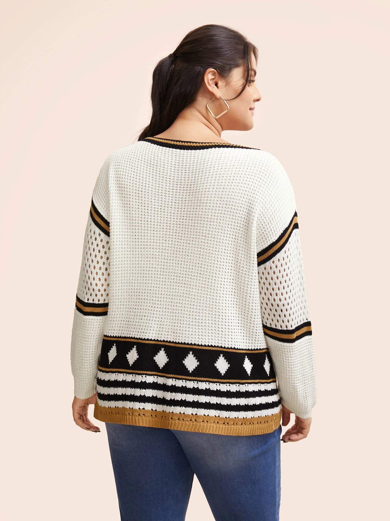 Cotton Geometric Striped Drop Shoulder Sleeve Pullover - Image 2