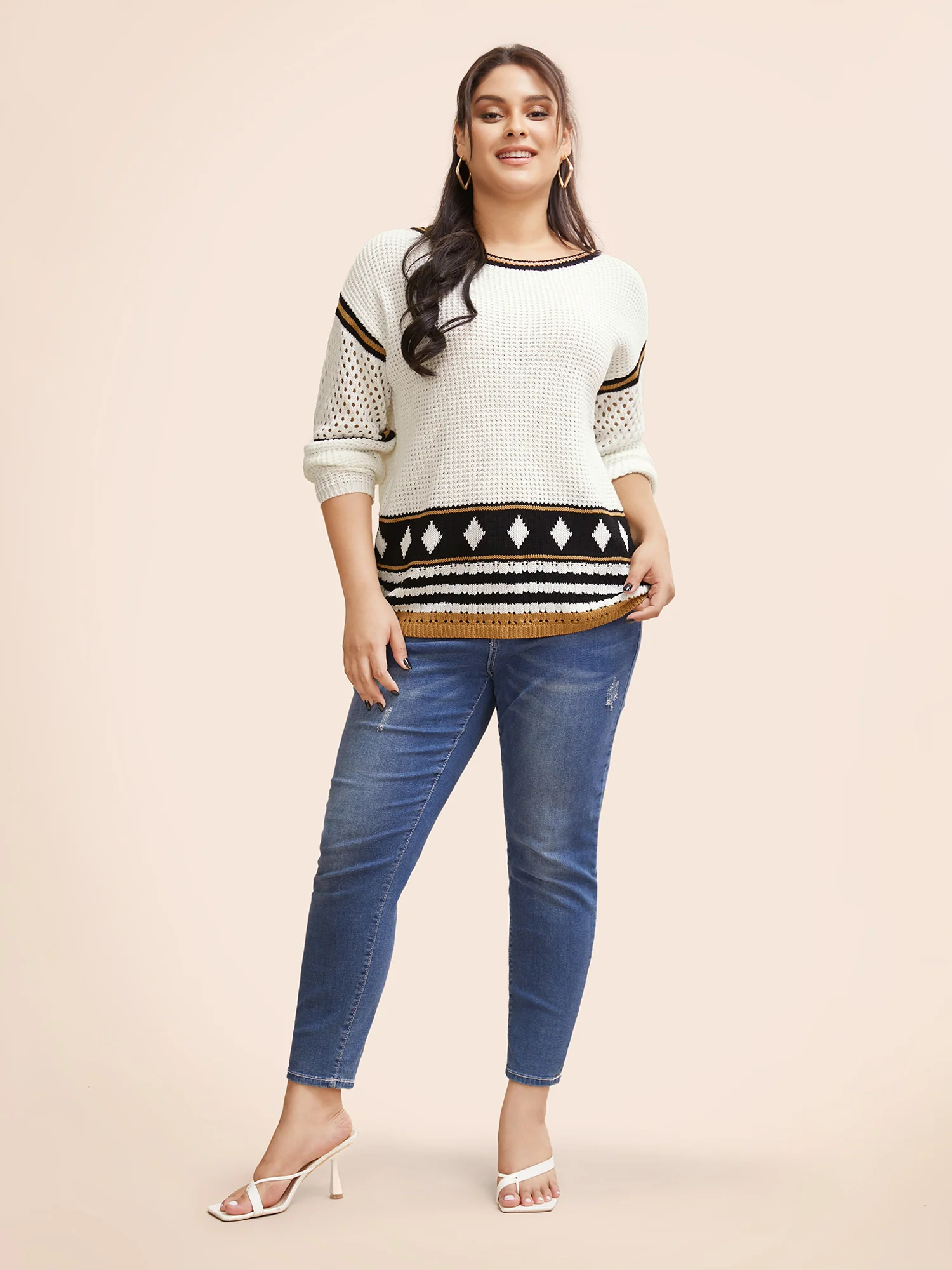 Cotton Geometric Striped Drop Shoulder Sleeve Pullover - Image 3