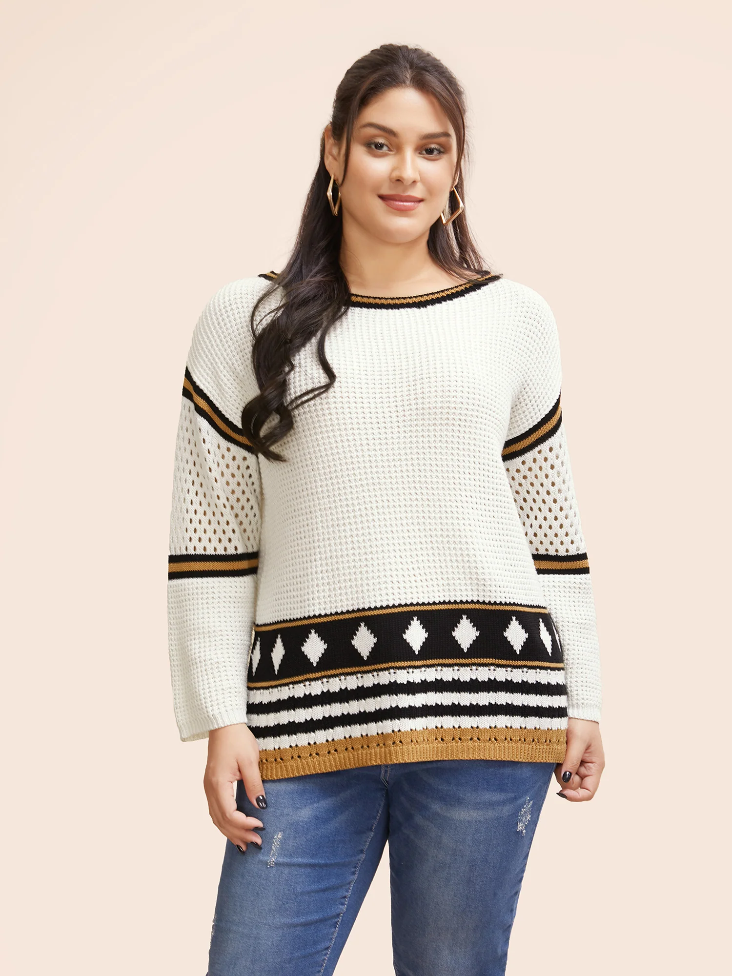 Cotton Geometric Striped Drop Shoulder Sleeve Pullover - Image 4