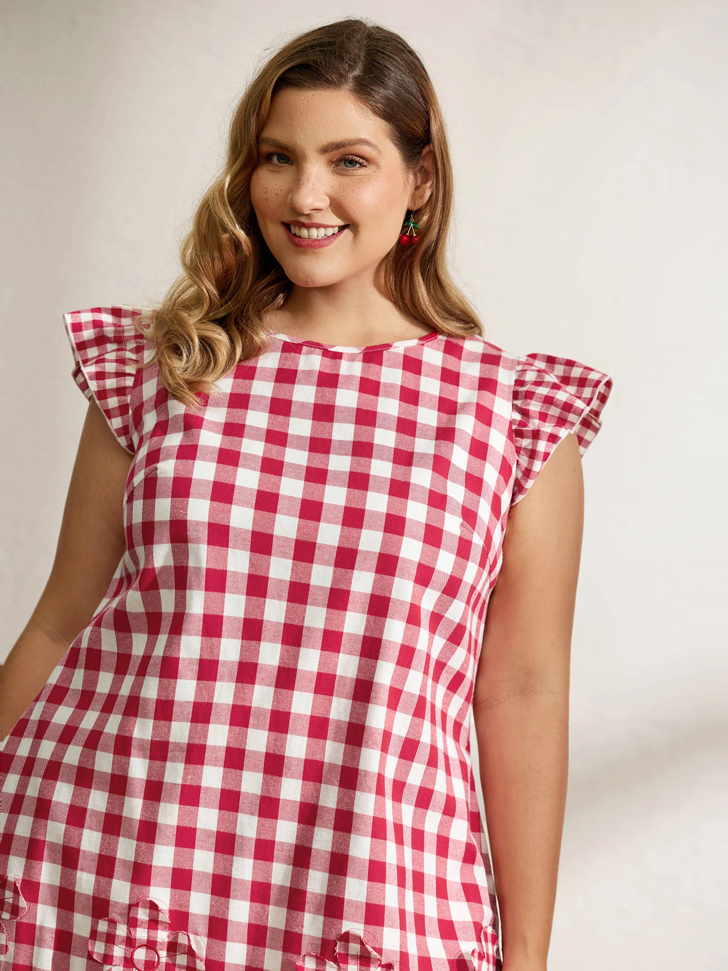 Cotton Gingham Embroidered Ruffled Hem Knee Dress - Image 2