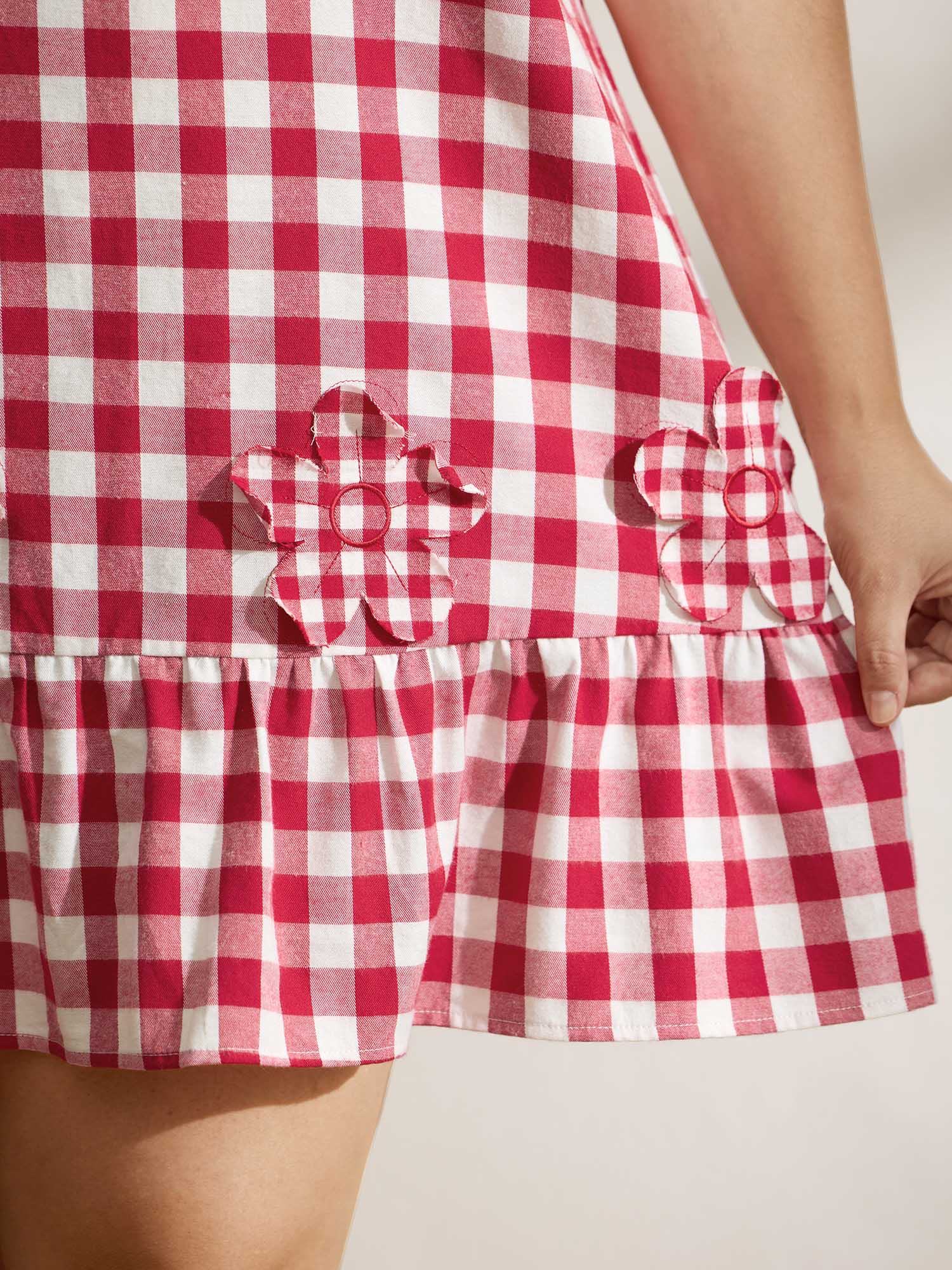 Cotton Gingham Embroidered Ruffled Hem Knee Dress - Image 4