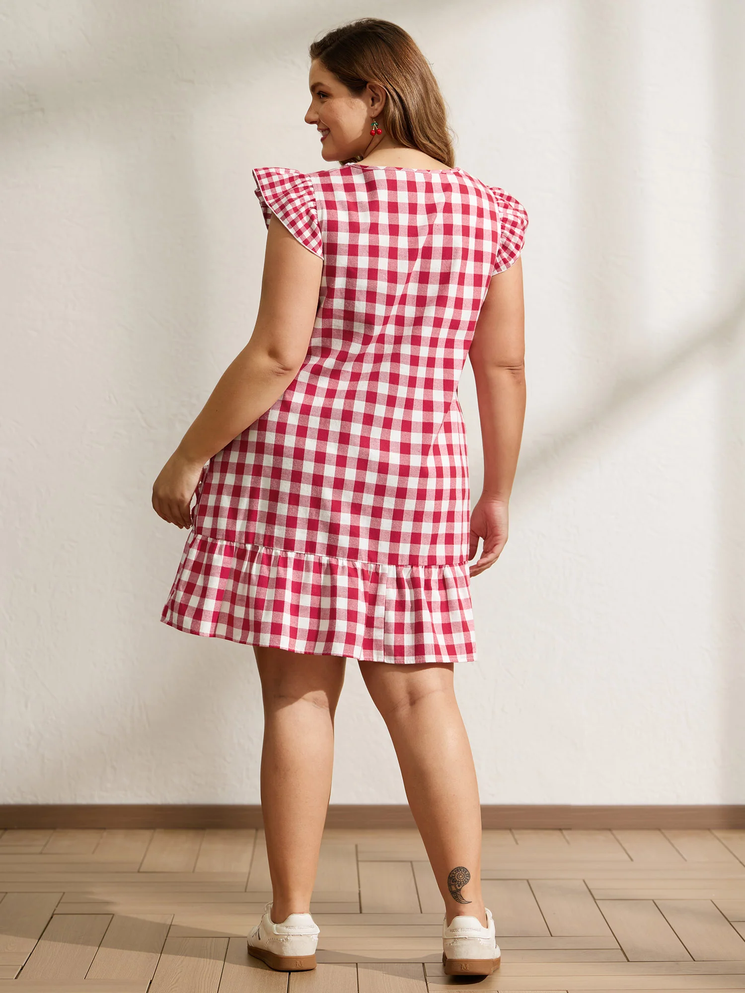 Cotton Gingham Embroidered Ruffled Hem Knee Dress - Image 5