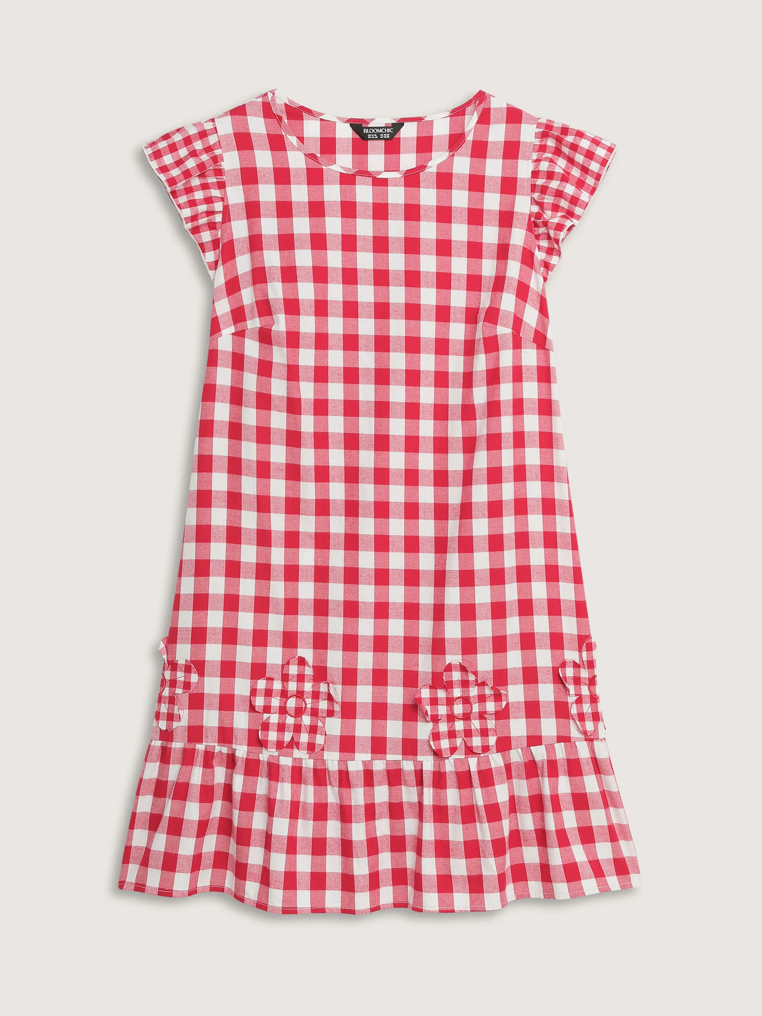 Cotton Gingham Embroidered Ruffled Hem Knee Dress - Image 8