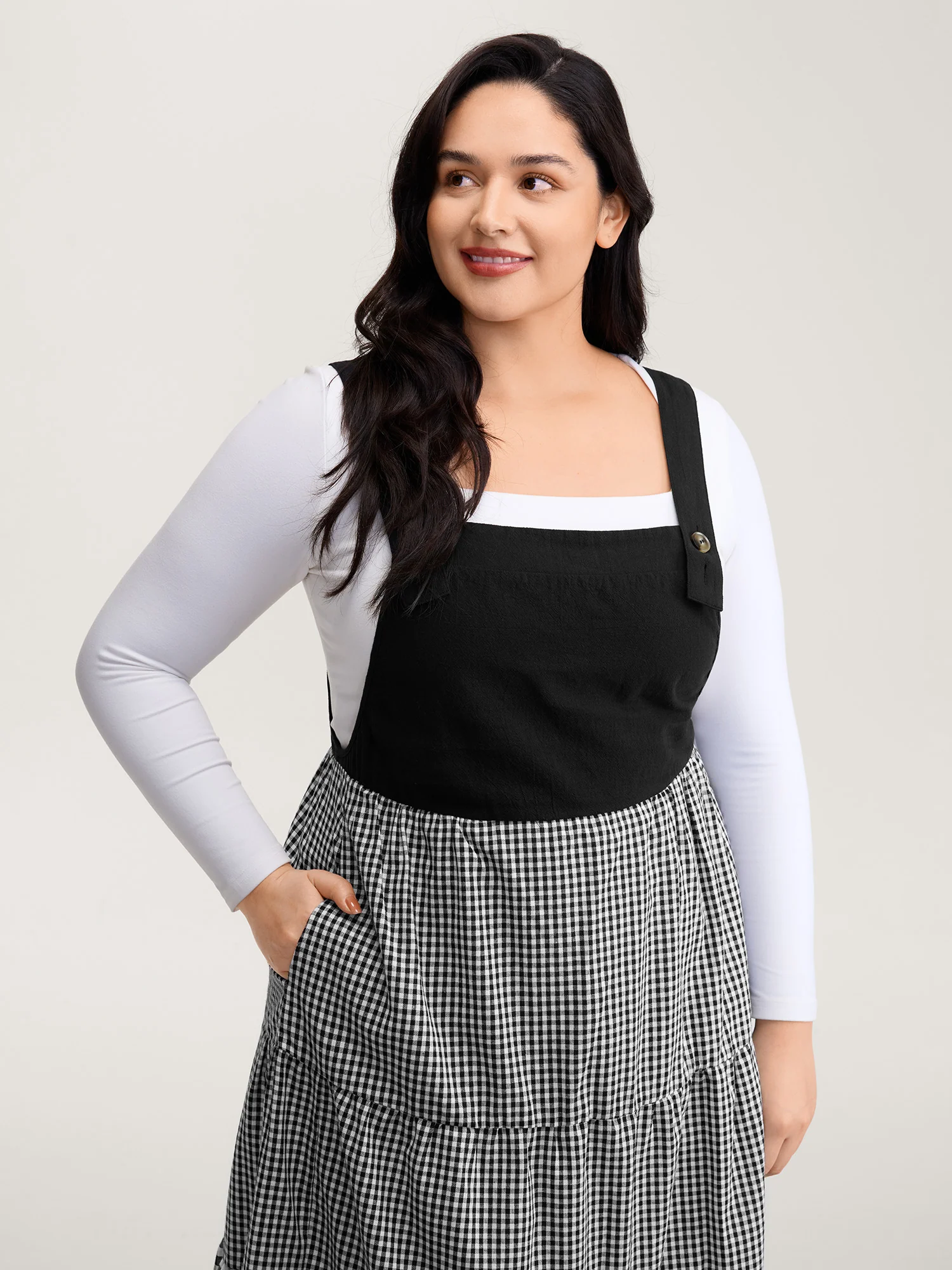 Cotton Gingham Patchwork Overall Strap Midi Dress - Image 2