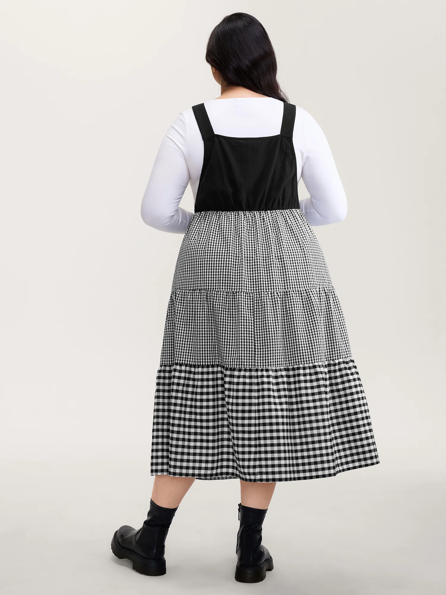Cotton Gingham Patchwork Overall Strap Midi Dress - Image 4