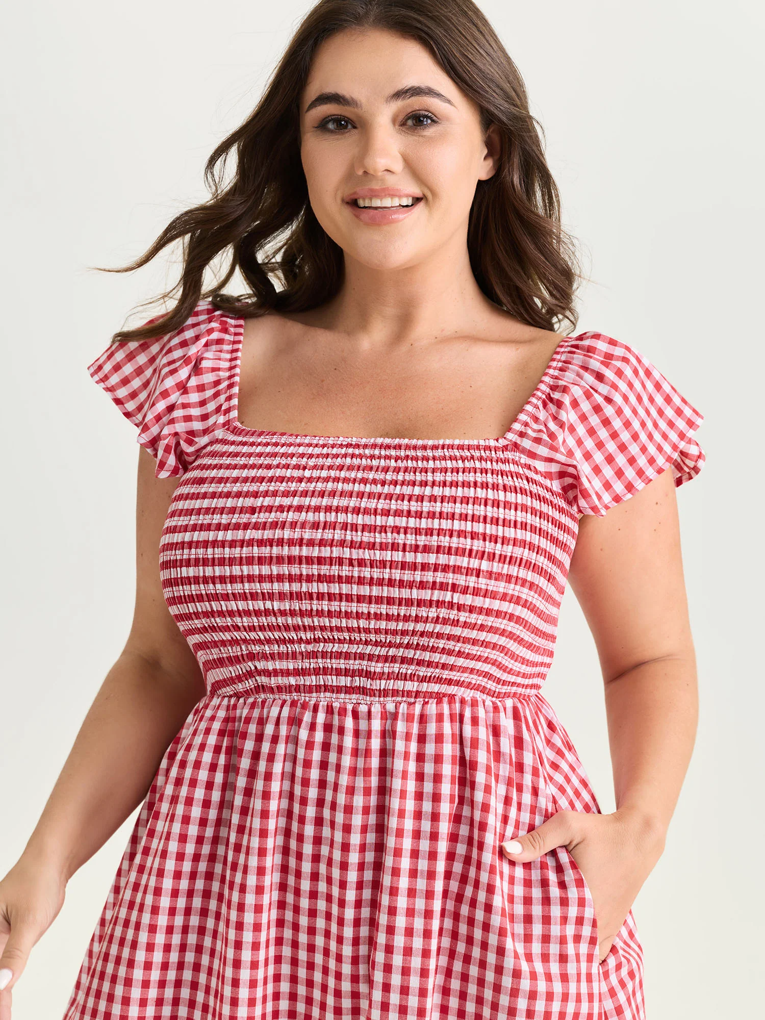Cotton Gingham Print Shirred Bodice Midi Dress - Image 2
