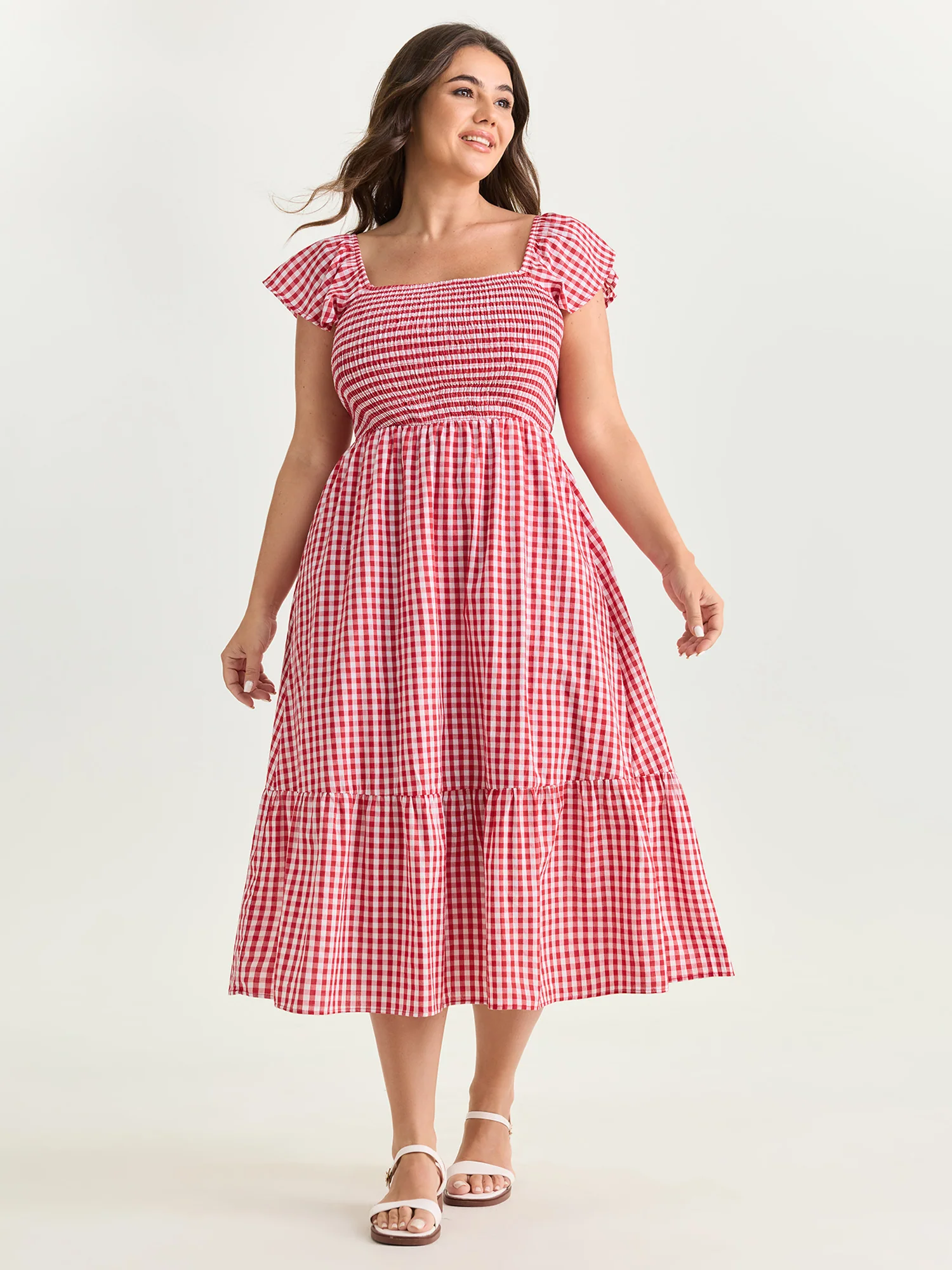 Cotton Gingham Print Shirred Bodice Midi Dress - Image 3
