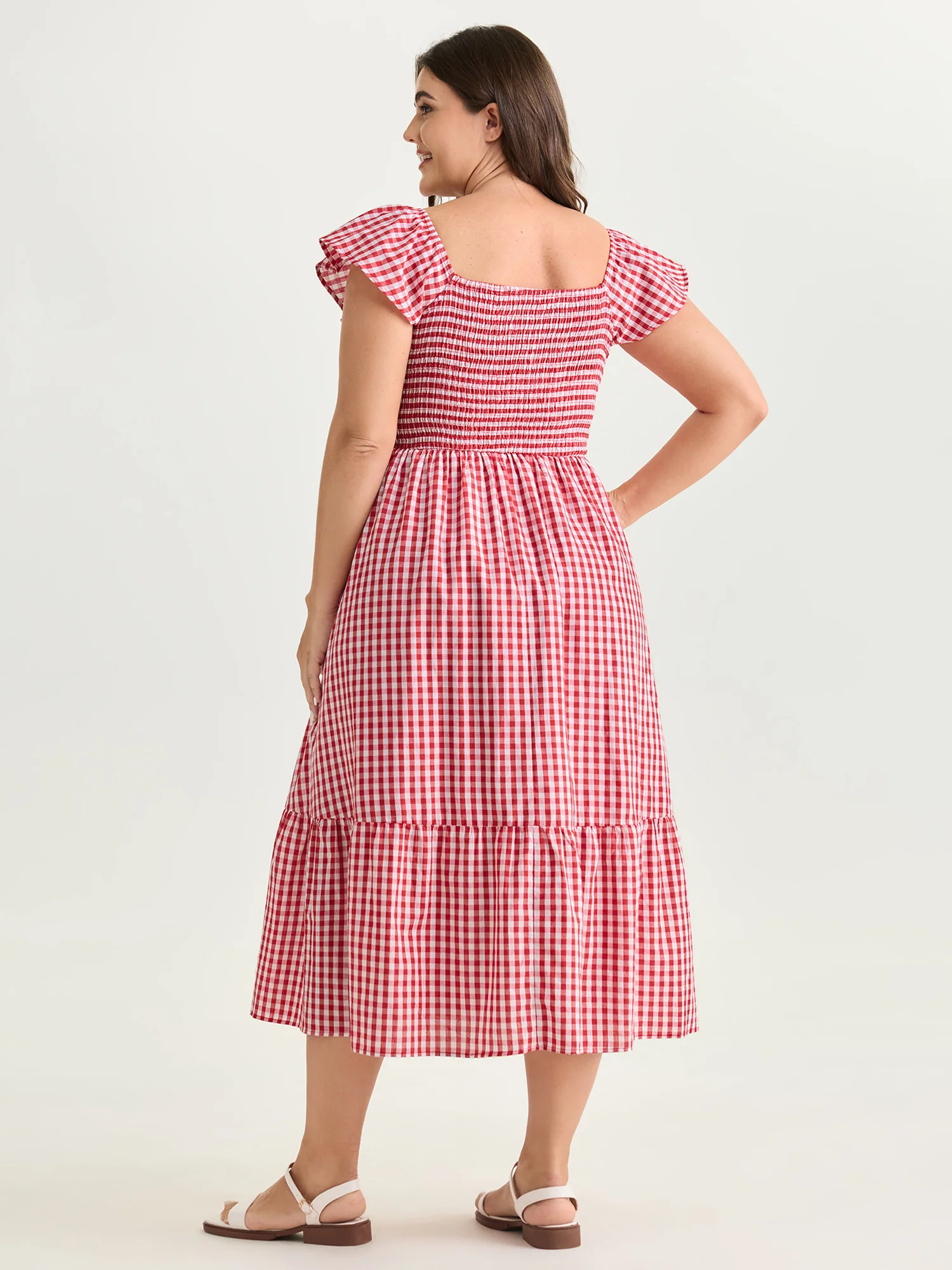 Cotton Gingham Print Shirred Bodice Midi Dress - Image 4