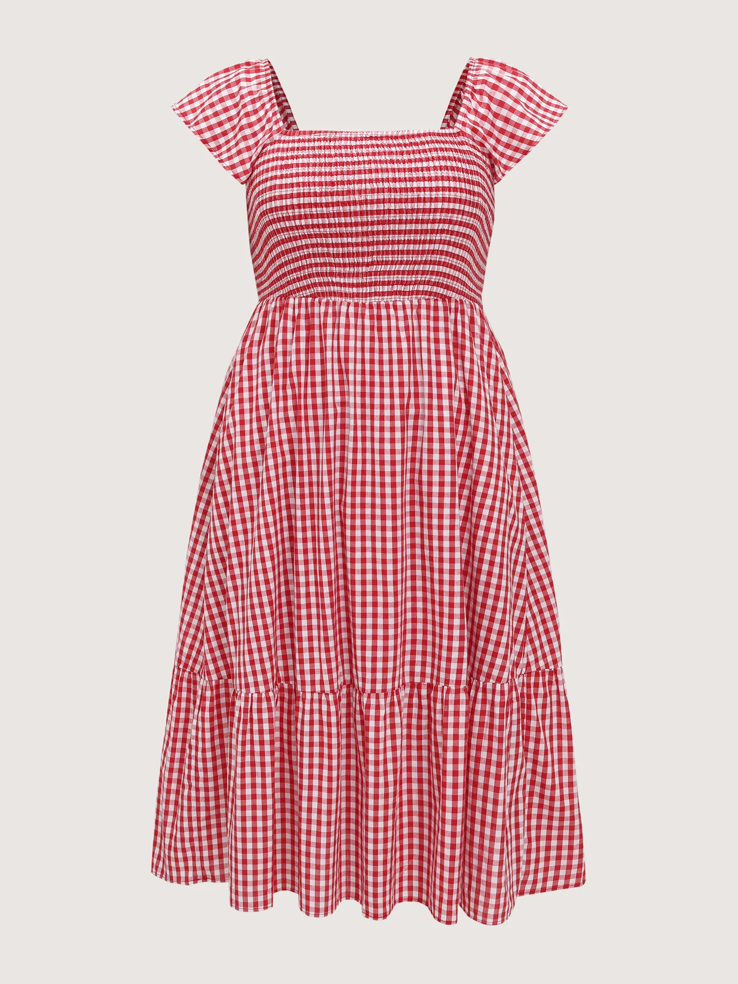 Cotton Gingham Print Shirred Bodice Midi Dress - Image 7