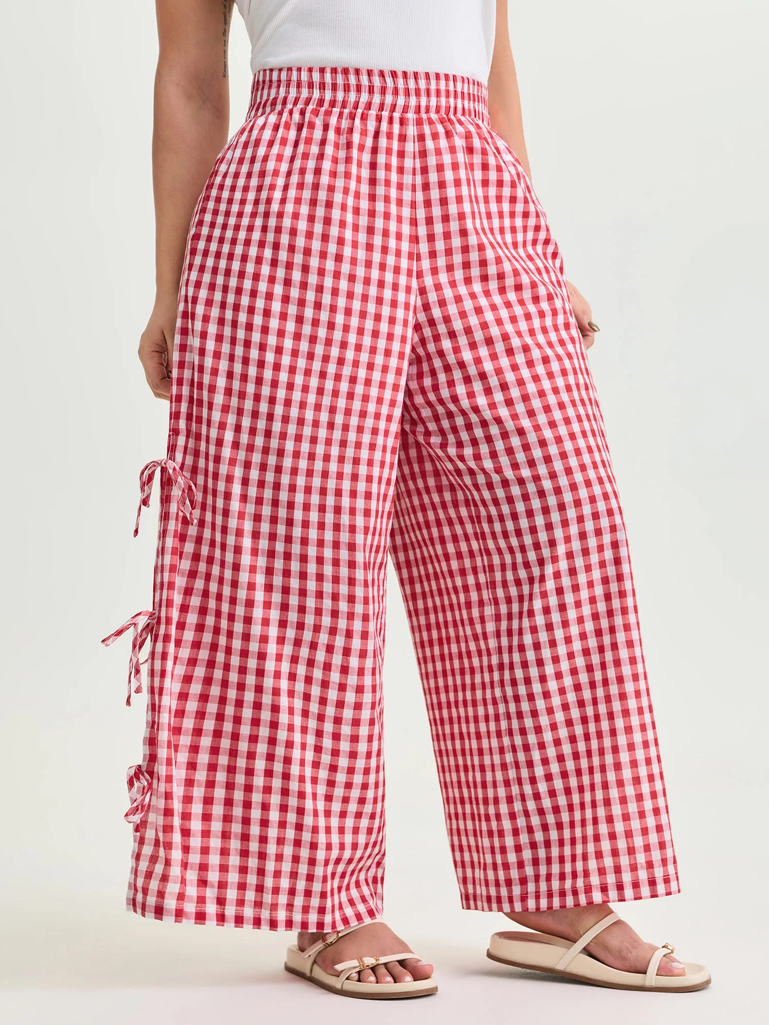 Cotton Gingham Print Side-Tie Pants - Image 2