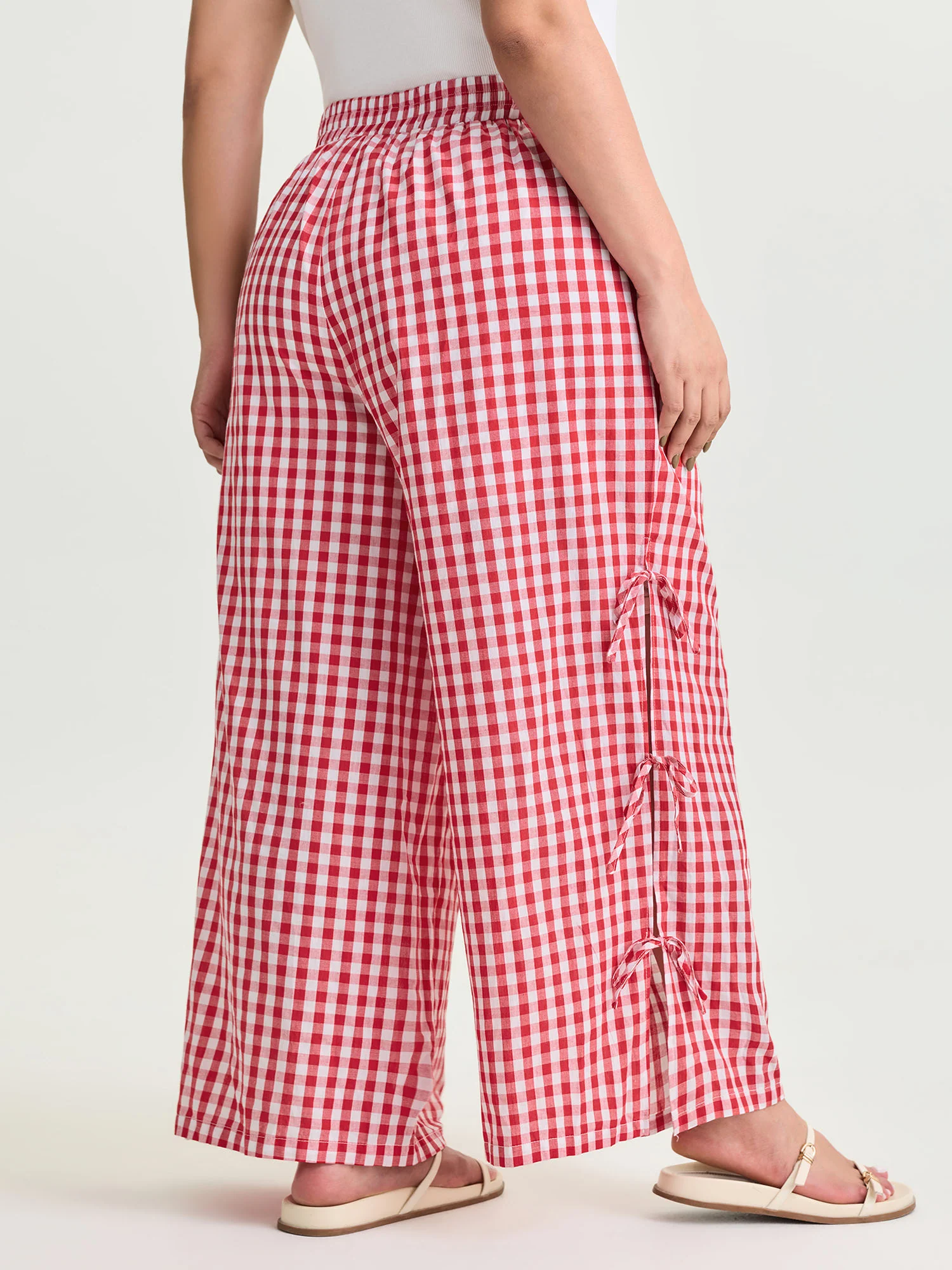 Cotton Gingham Print Side-Tie Pants - Image 6