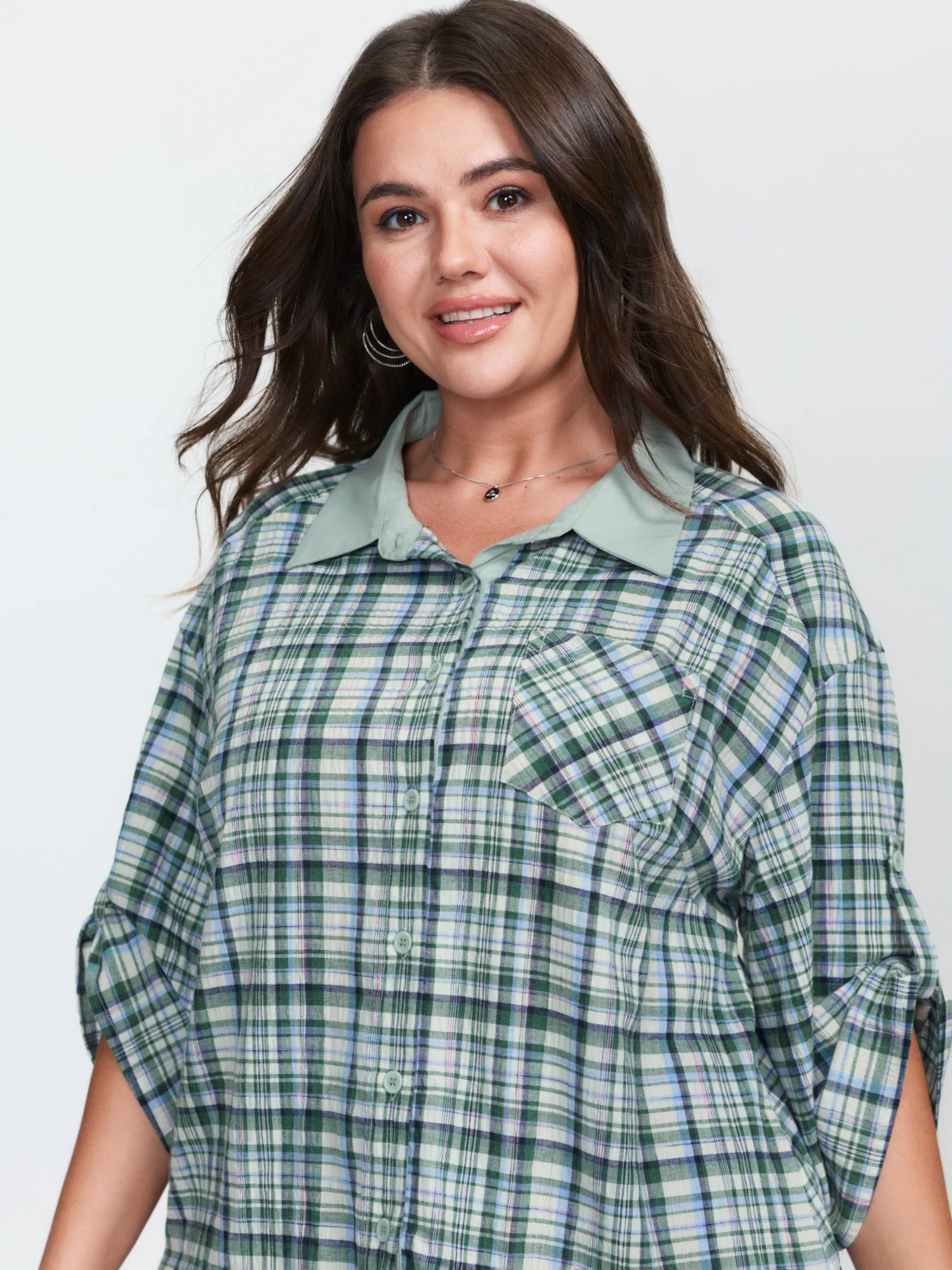 Cotton Grid Pattern Contrast Button-Down Blouse - Image 2