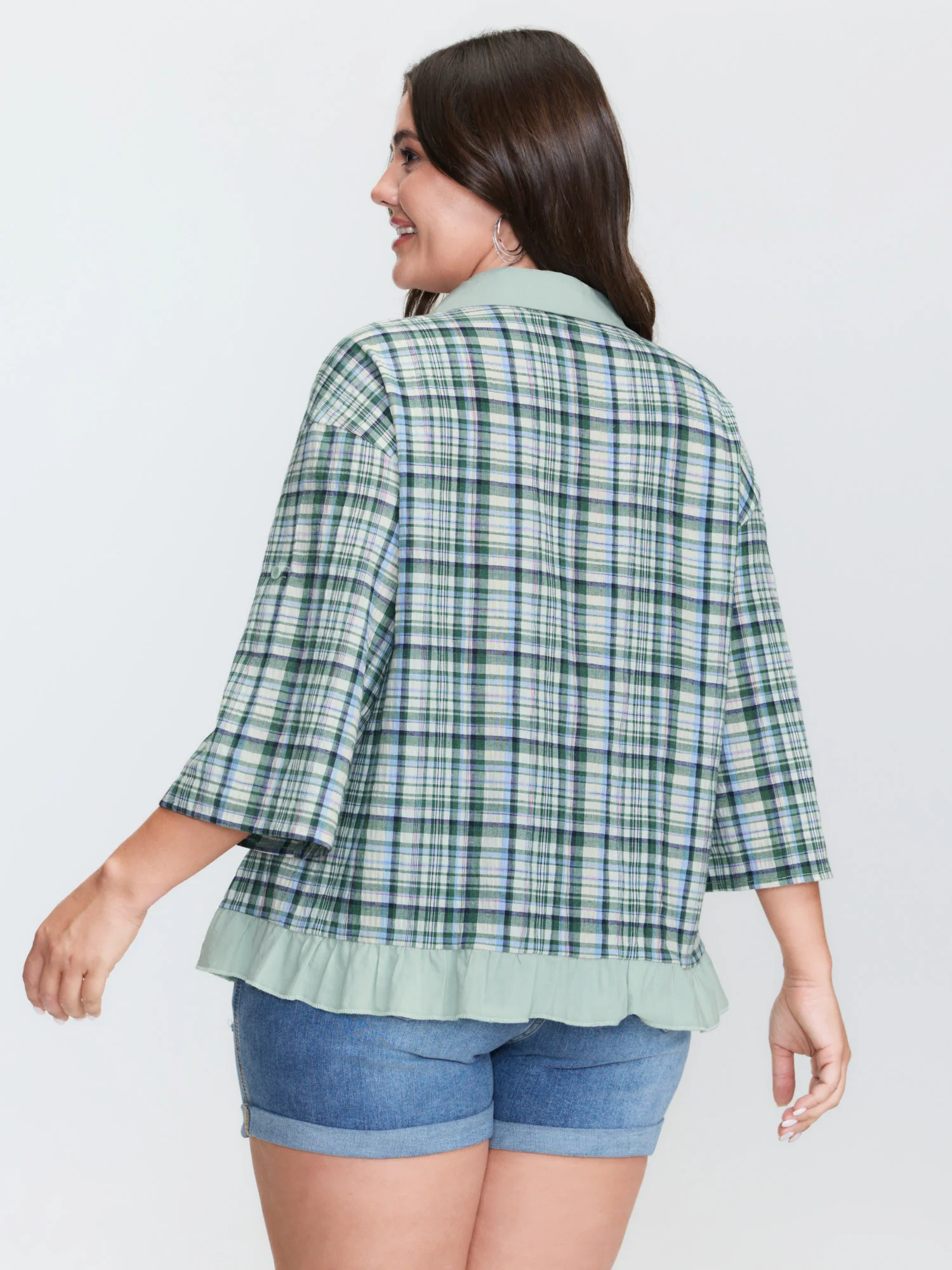 Cotton Grid Pattern Contrast Button-Down Blouse - Image 4
