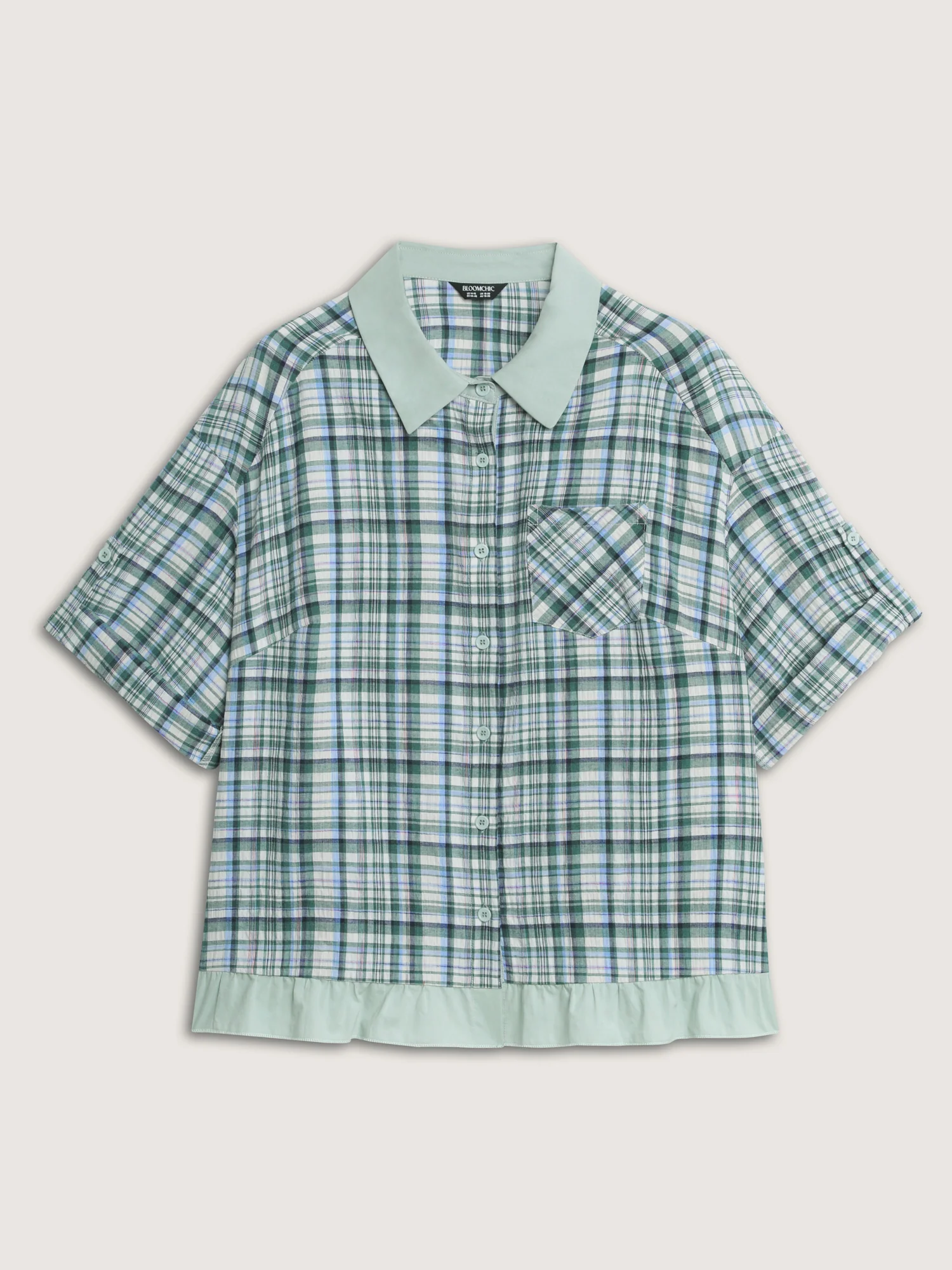 Cotton Grid Pattern Contrast Button-Down Blouse - Image 7