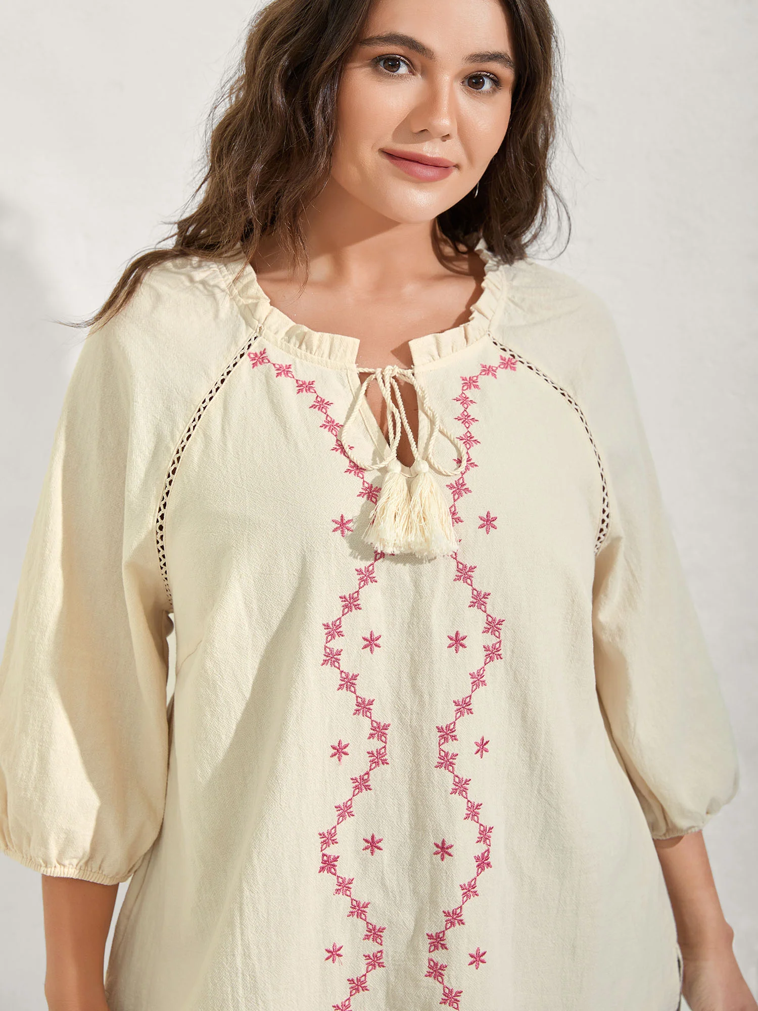Cotton Lace Embroidered Shirred Neck-Tie Blouse - Image 2