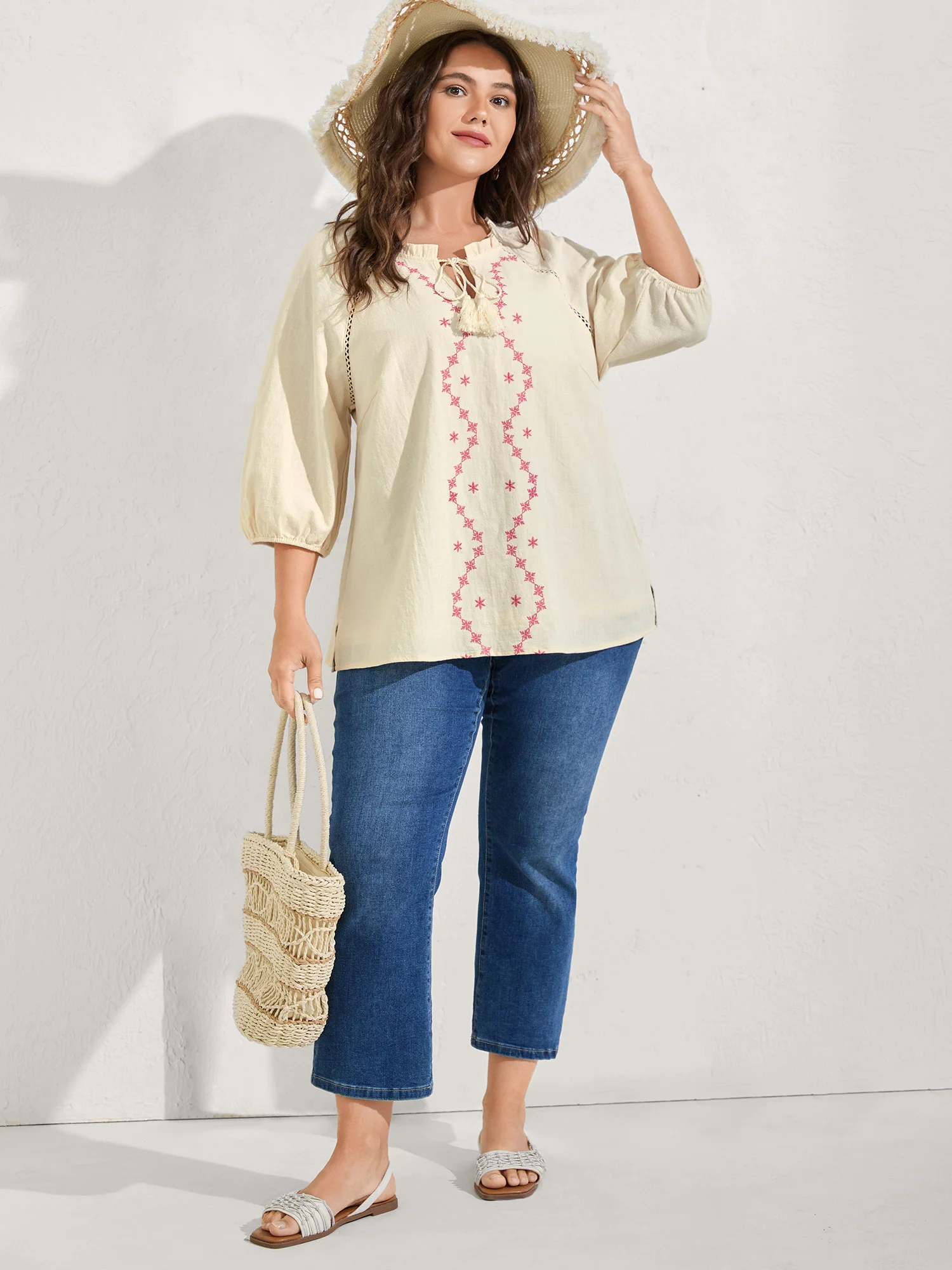 Cotton Lace Embroidered Shirred Neck-Tie Blouse - Image 3