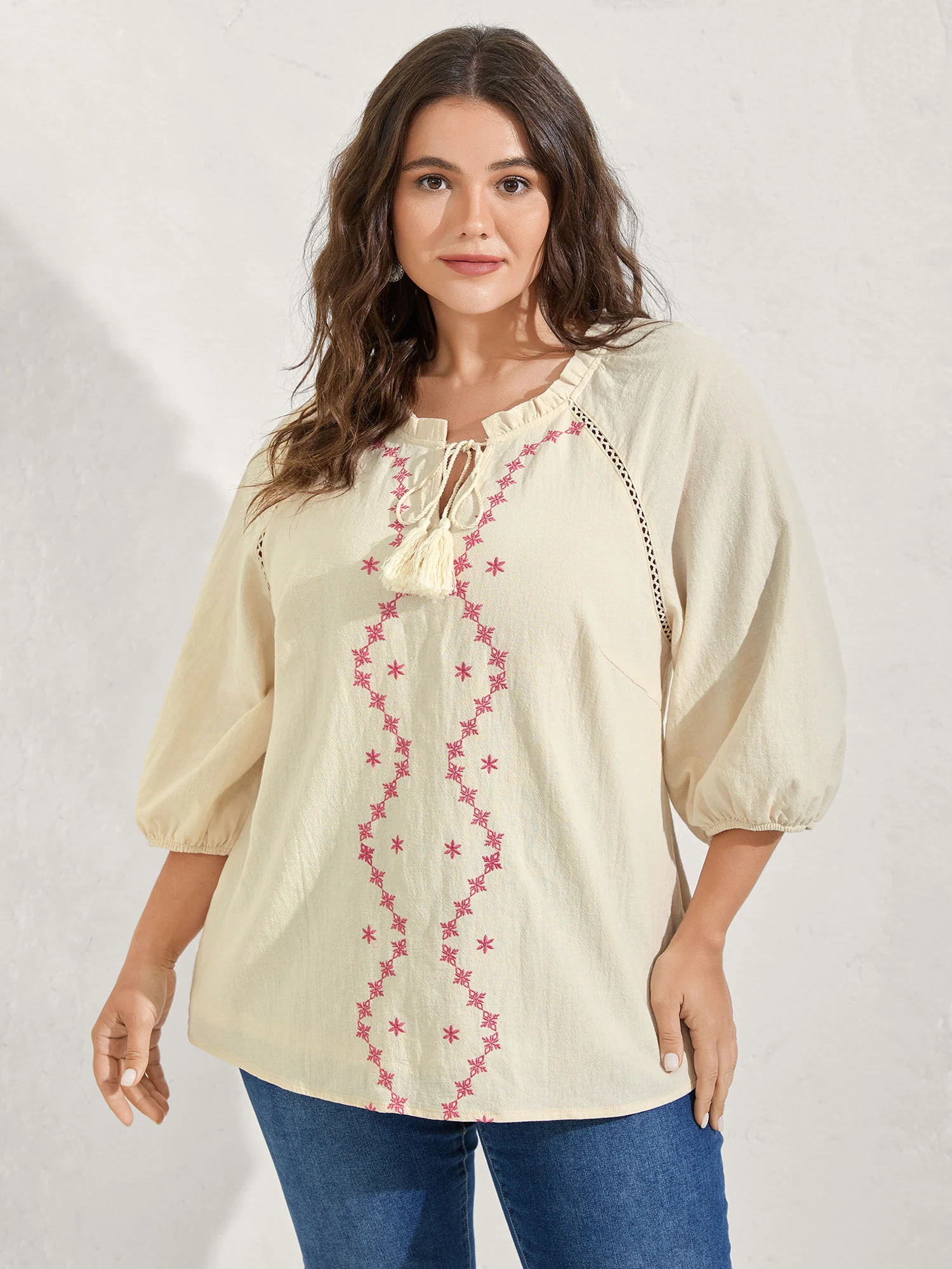 Cotton Lace Embroidered Shirred Neck-Tie Blouse - Image 4