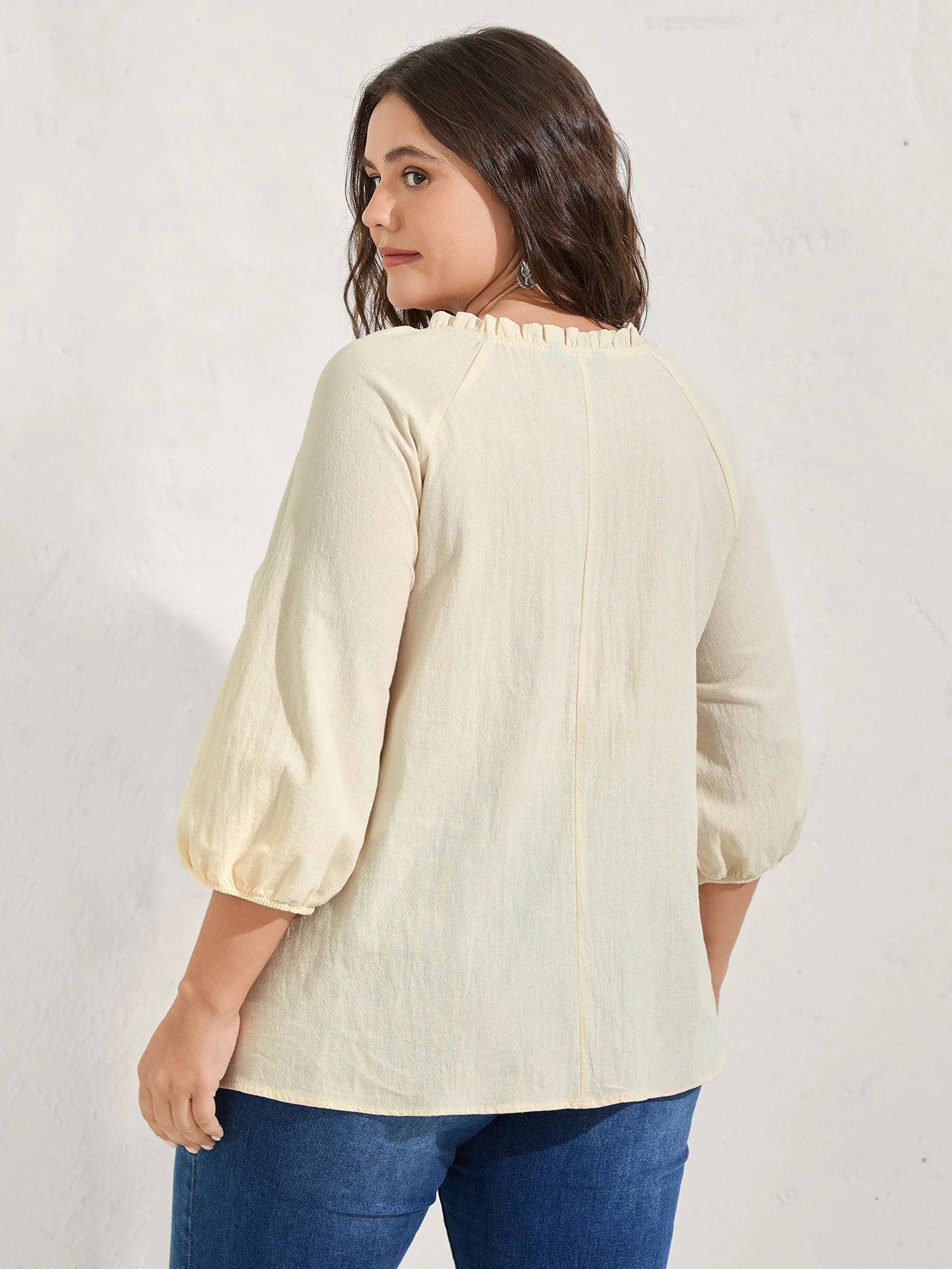 Cotton Lace Embroidered Shirred Neck-Tie Blouse - Image 5