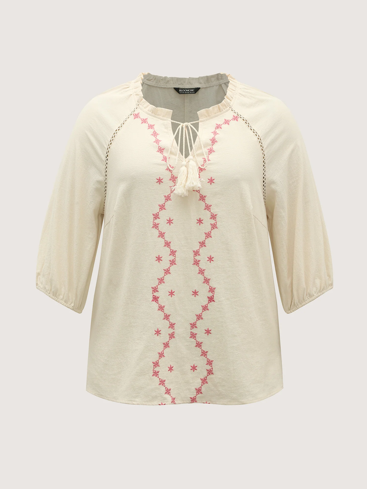 Cotton Lace Embroidered Shirred Neck-Tie Blouse - Image 8
