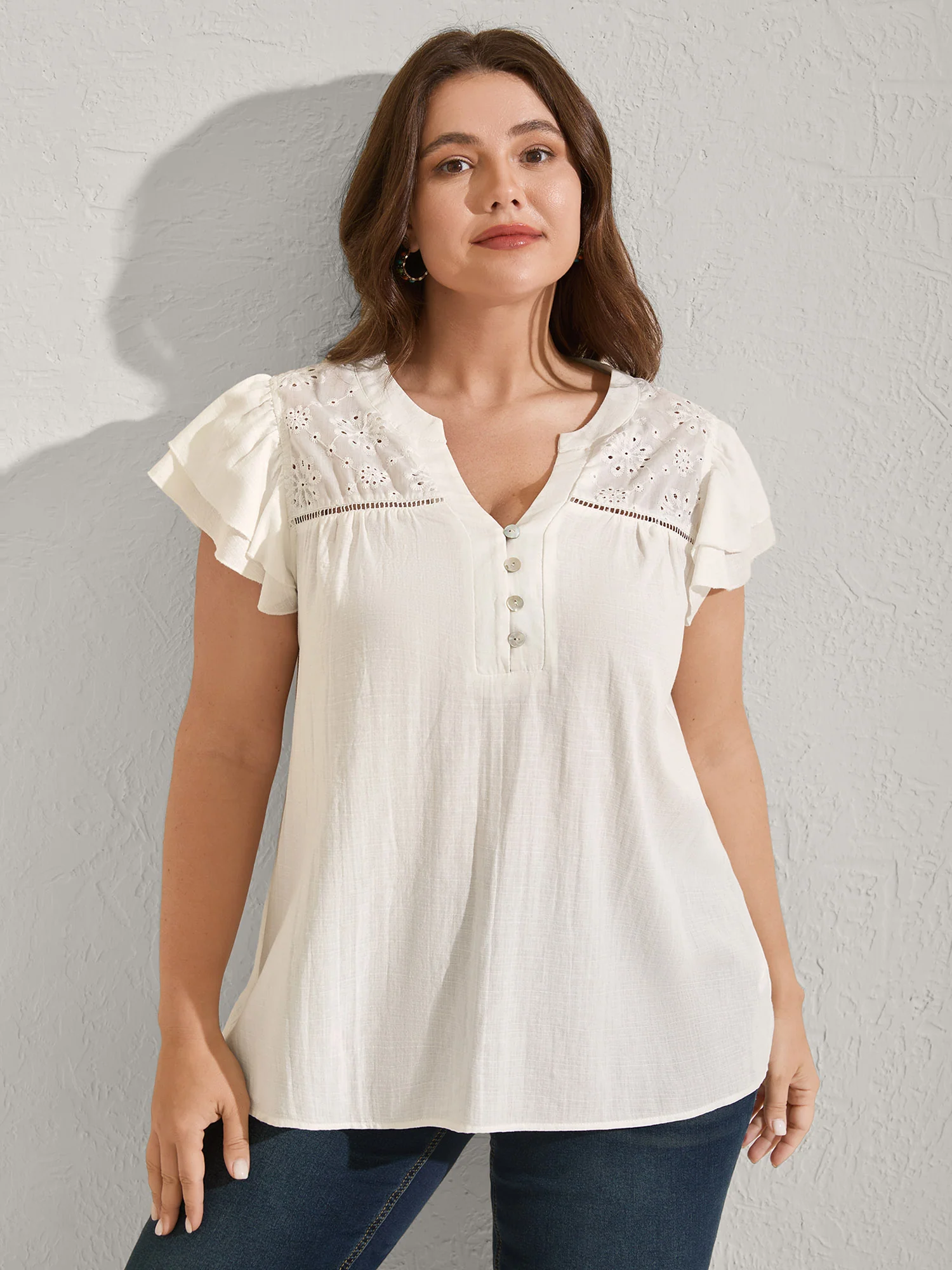 Cotton Lace Eyelet Trim Layered Sleeve Blouse - Image 2