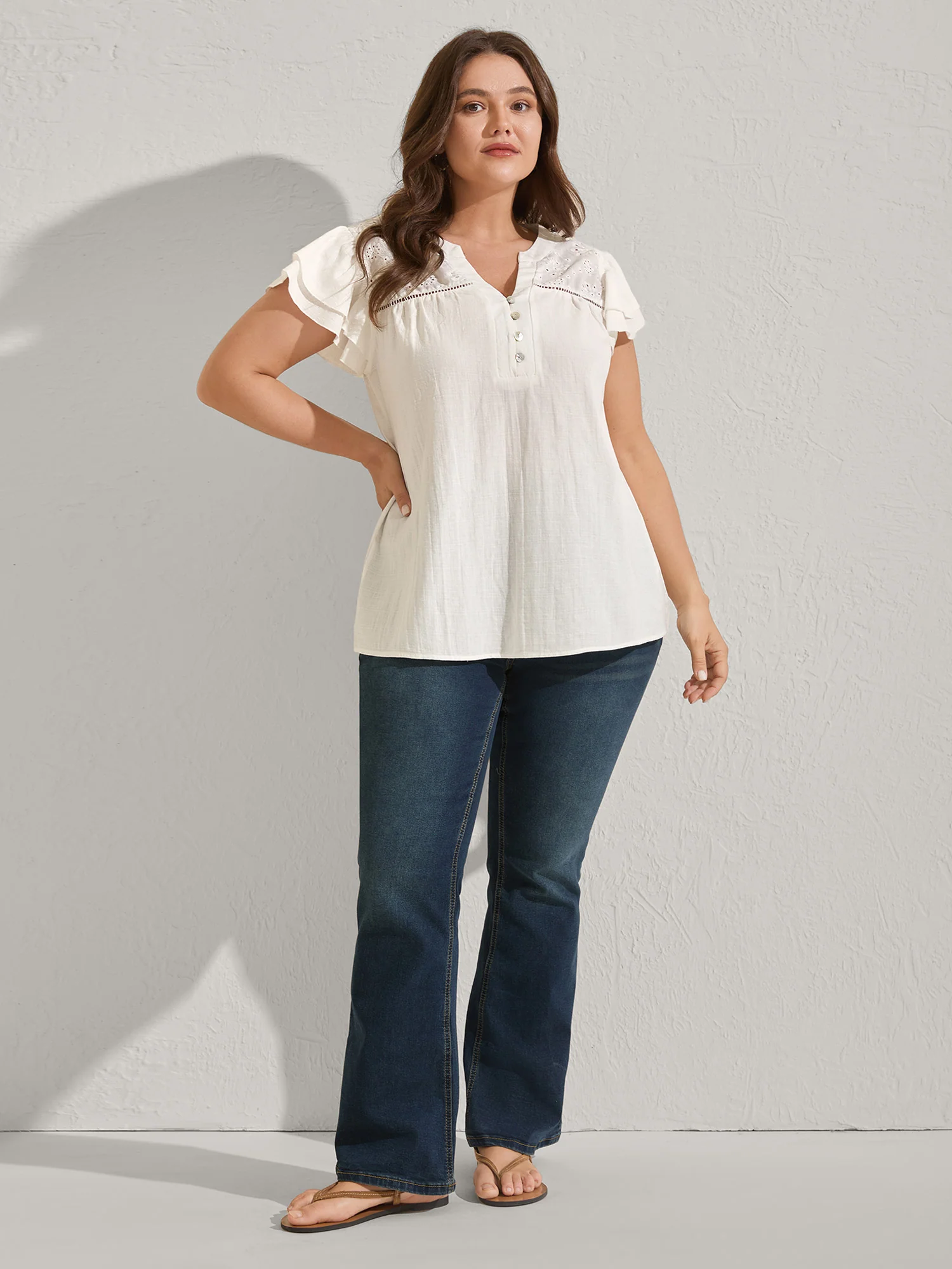 Cotton Lace Eyelet Trim Layered Sleeve Blouse - Image 3
