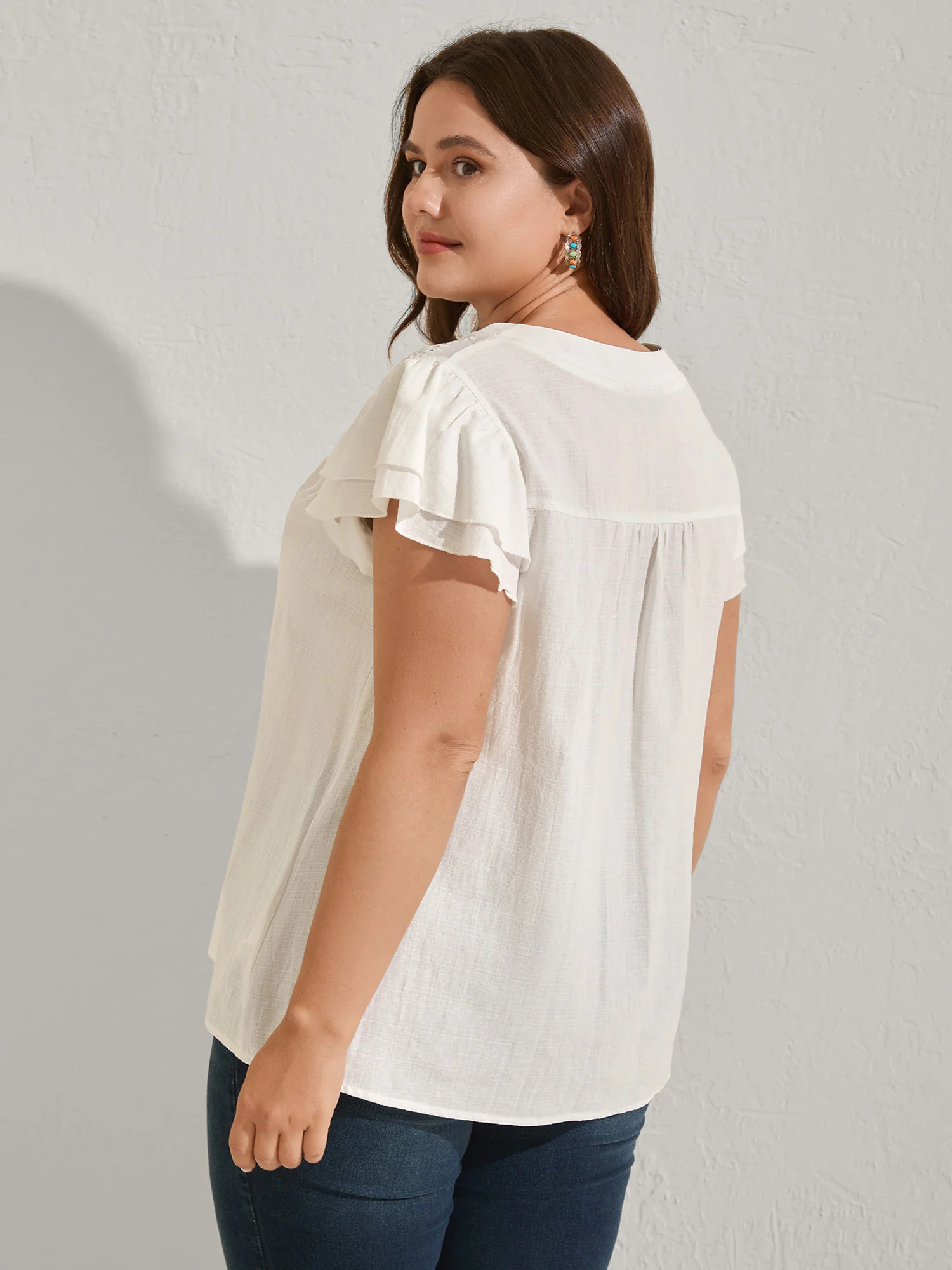 Cotton Lace Eyelet Trim Layered Sleeve Blouse - Image 4