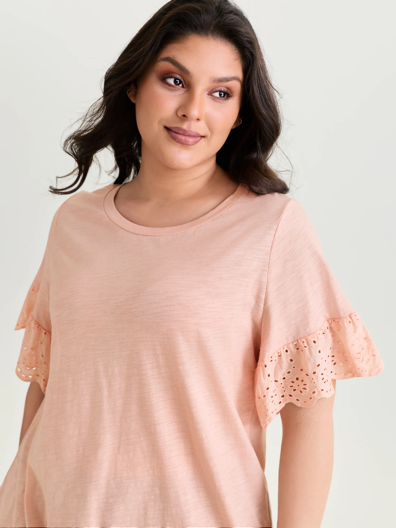Cotton Lace Sleeve Relaxed-Fit T-Shirt - Image 2