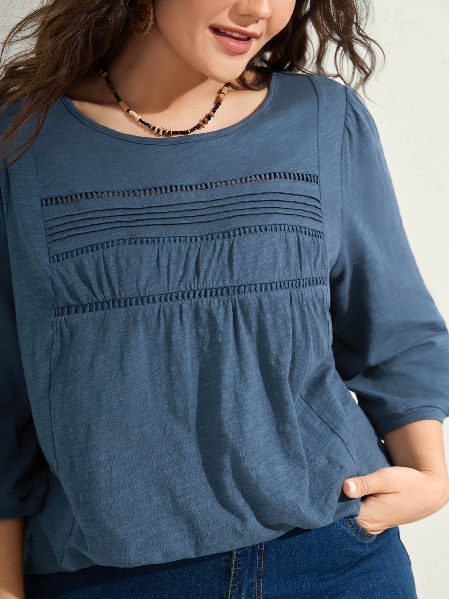 Cotton Lace Spliced Plain Knit Top - Image 15