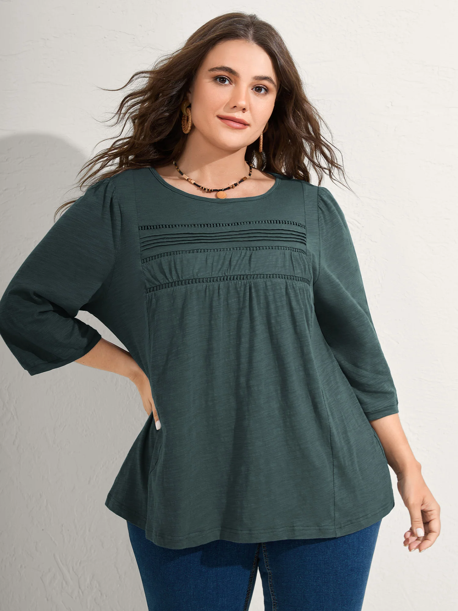 Cotton Lace Spliced Plain Knit Top - Image 2