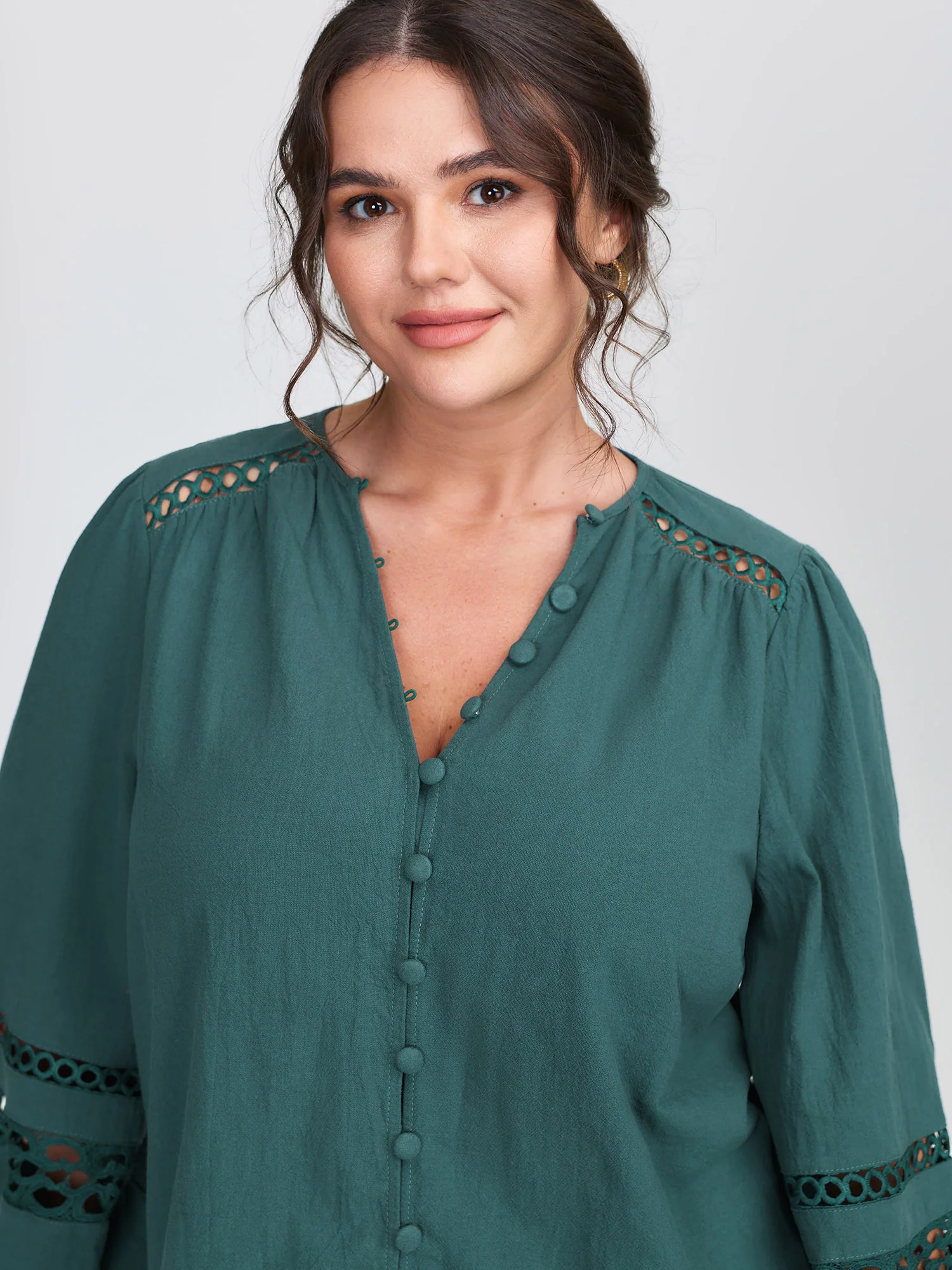 Cotton Lace Trim Button Placket Blouse - Image 2