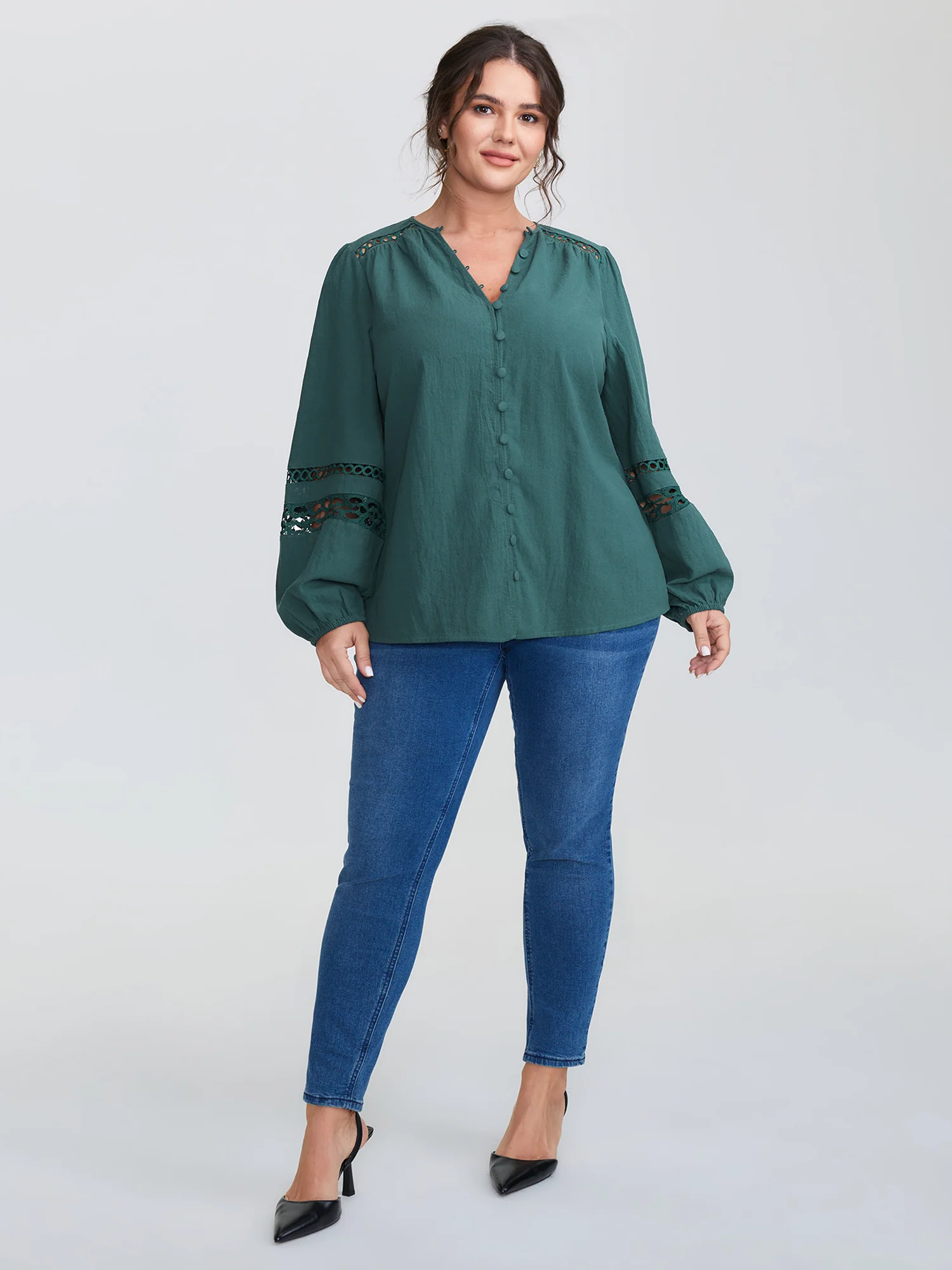Cotton Lace Trim Button Placket Blouse - Image 3