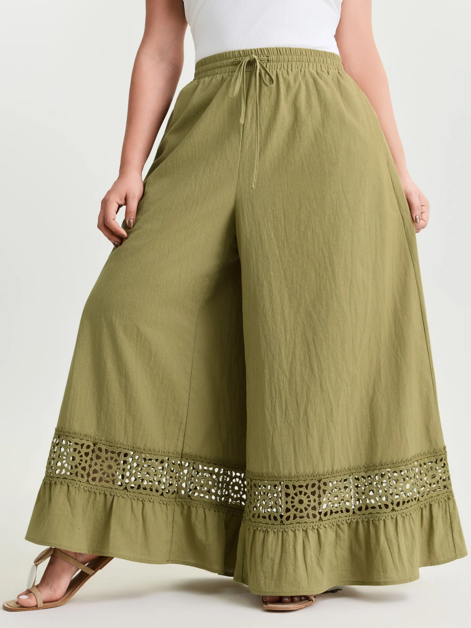 Cotton Lace Trim Drawstring Waist Wide Leg Pants - Image 2