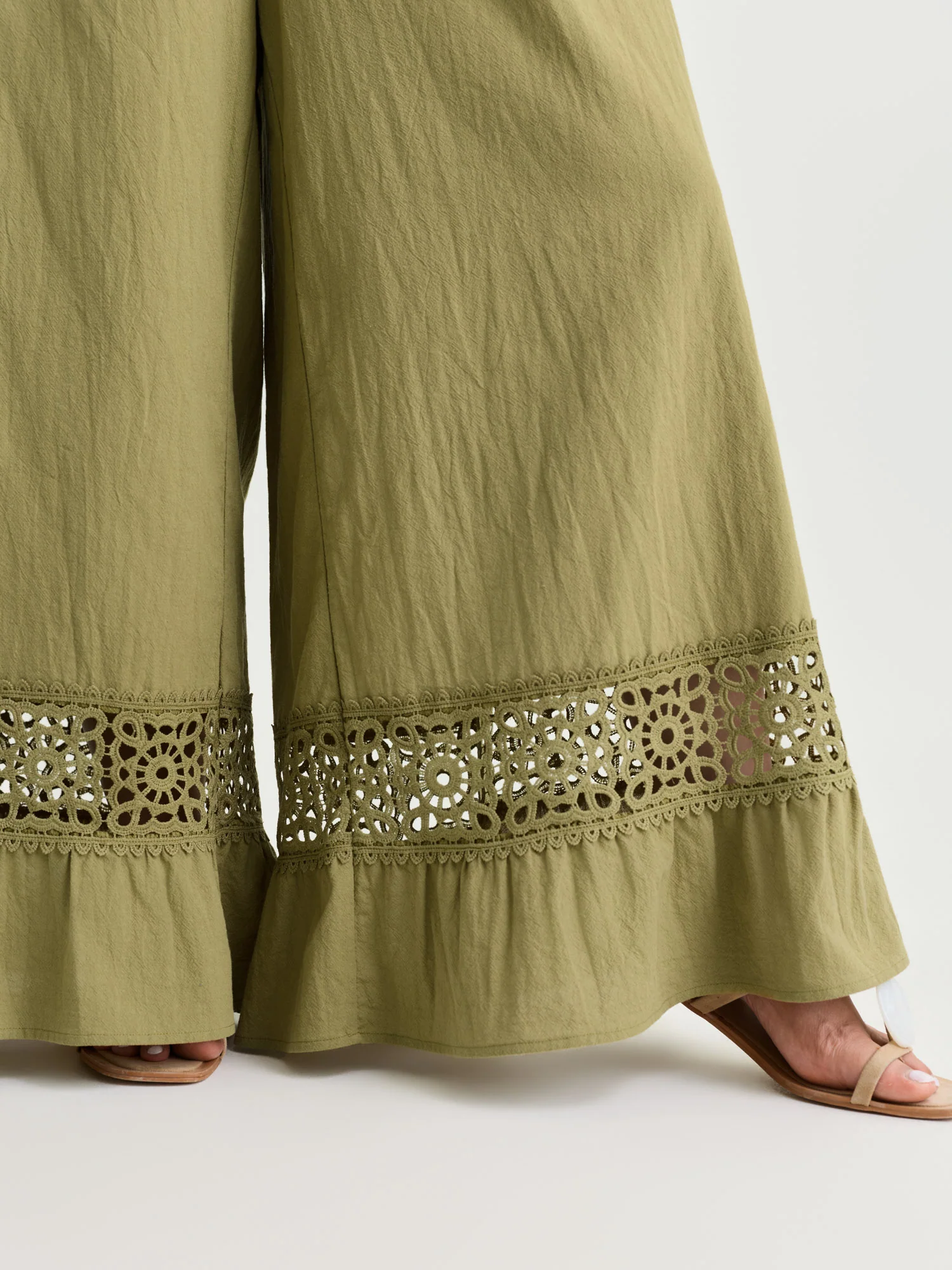 Cotton Lace Trim Drawstring Waist Wide Leg Pants - Image 5