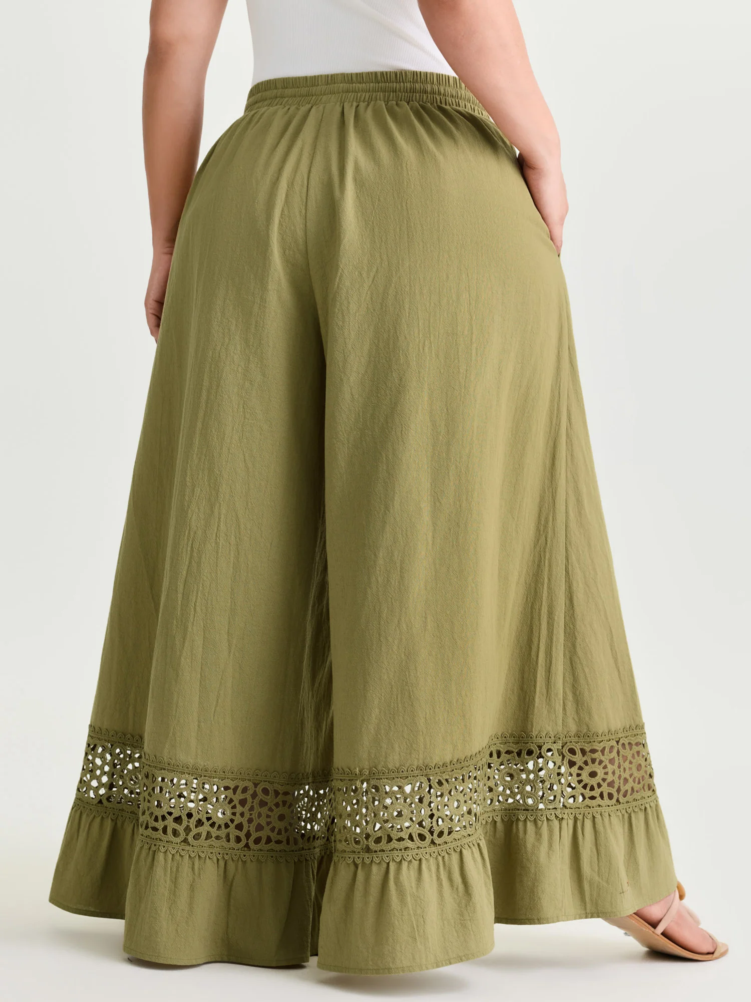 Cotton Lace Trim Drawstring Waist Wide Leg Pants - Image 6