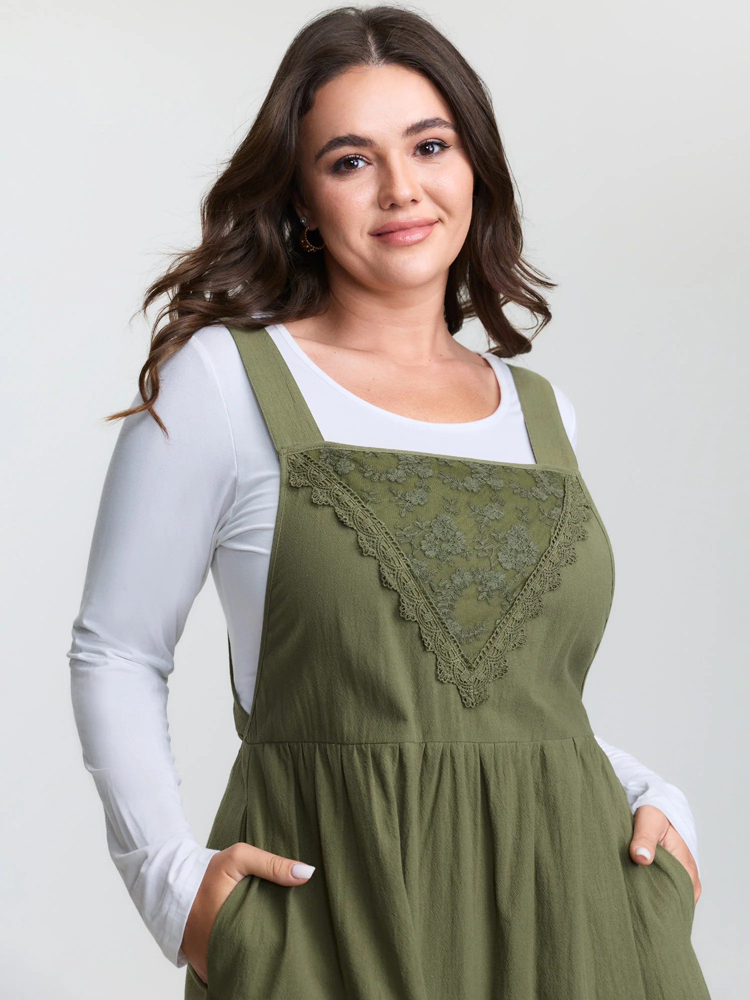 Cotton Lace Trim Pockets Midi Overall Dress - Image 2