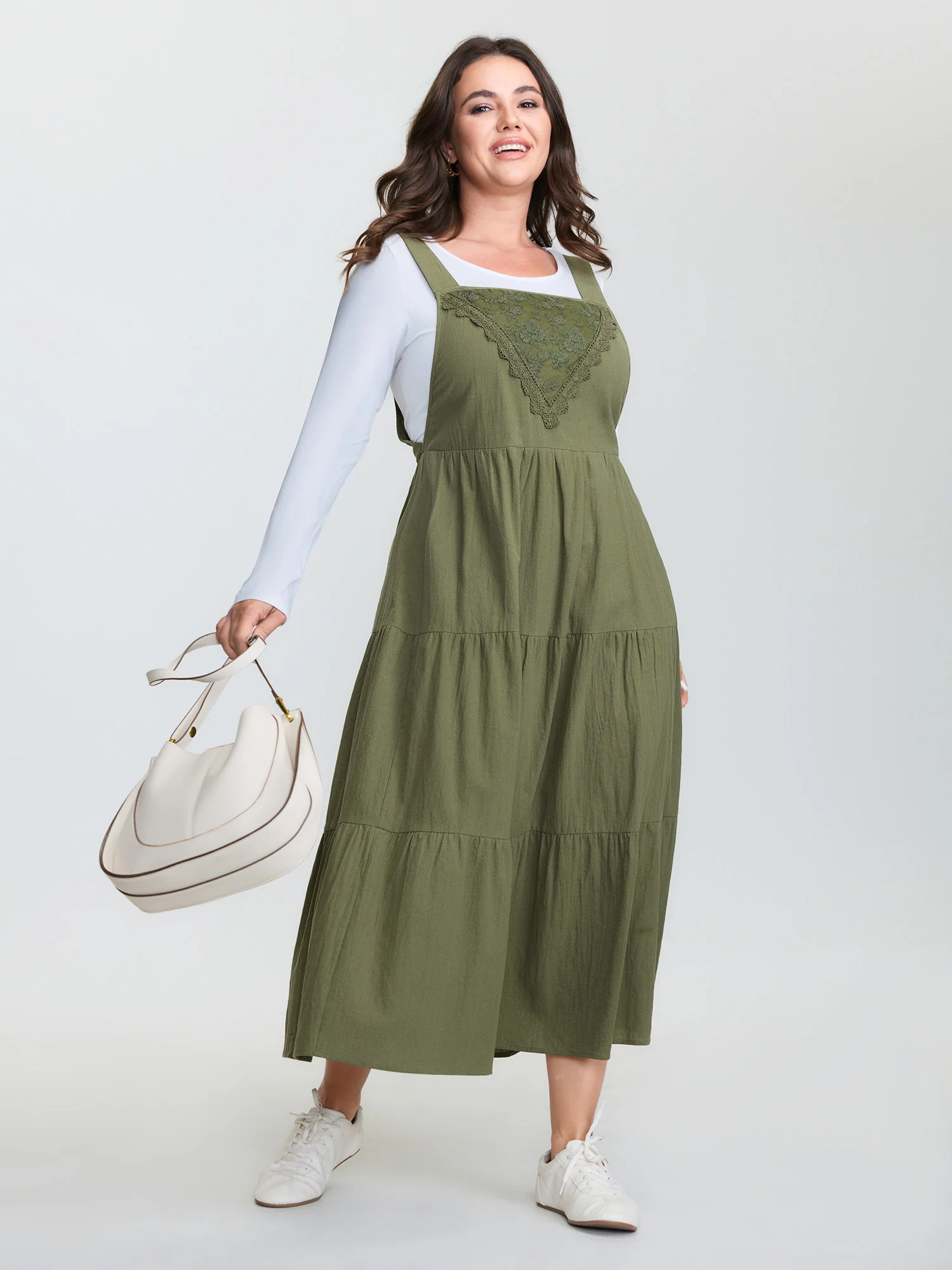 Cotton Lace Trim Pockets Midi Overall Dress - Image 3