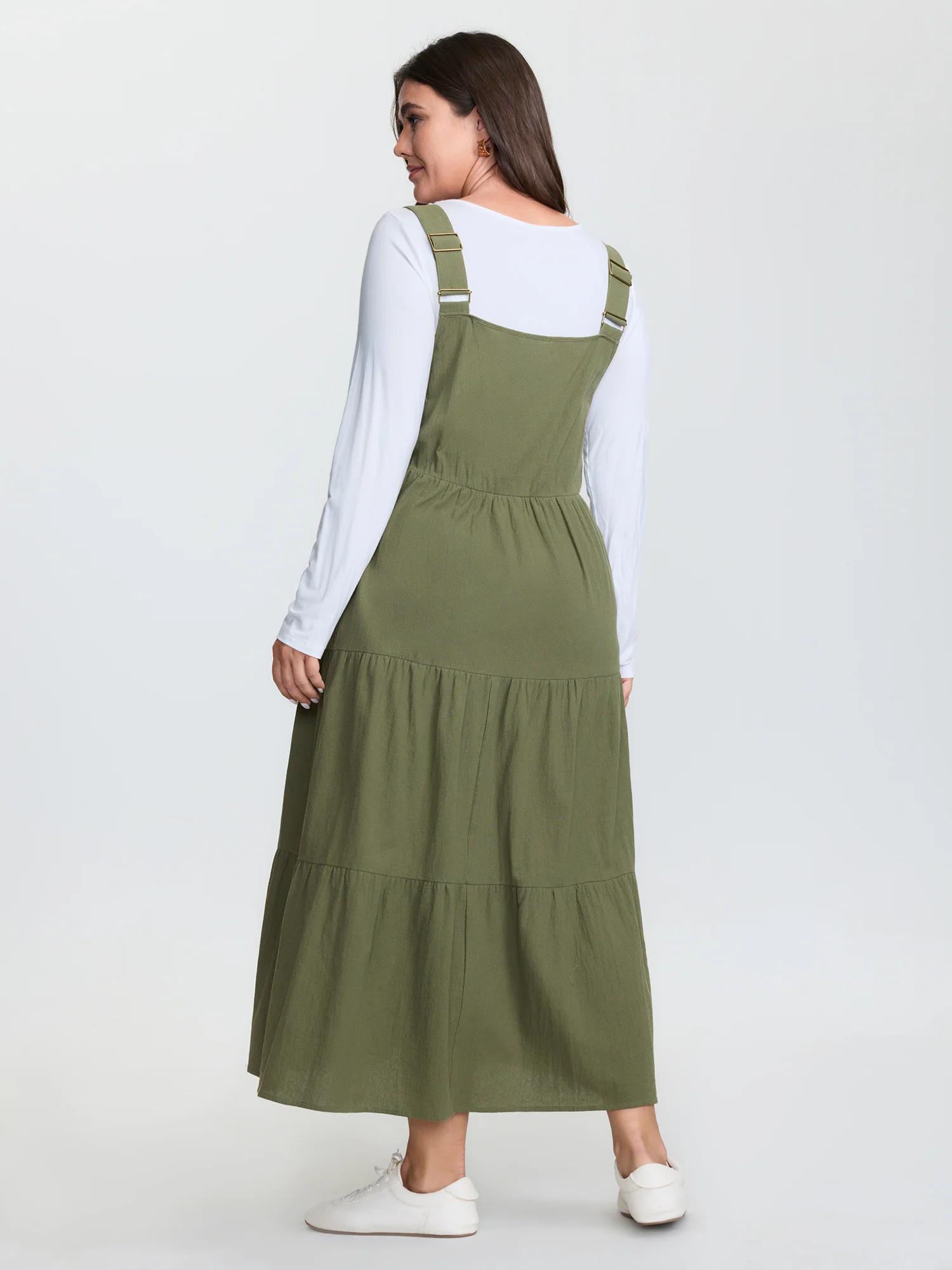 Cotton Lace Trim Pockets Midi Overall Dress - Image 4