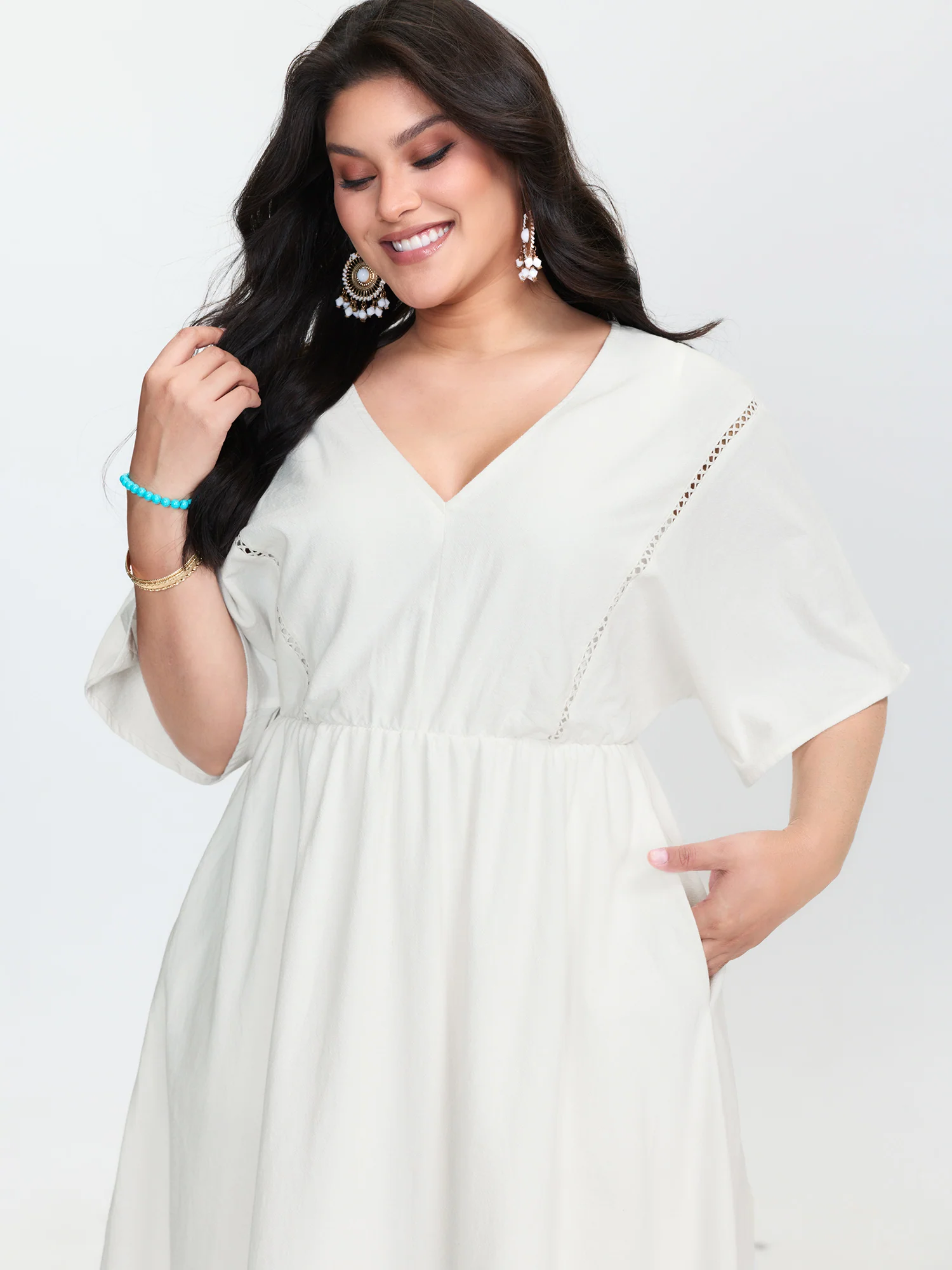 Cotton Lace Trim V-Neck Pockets Maxi Dress - Image 2