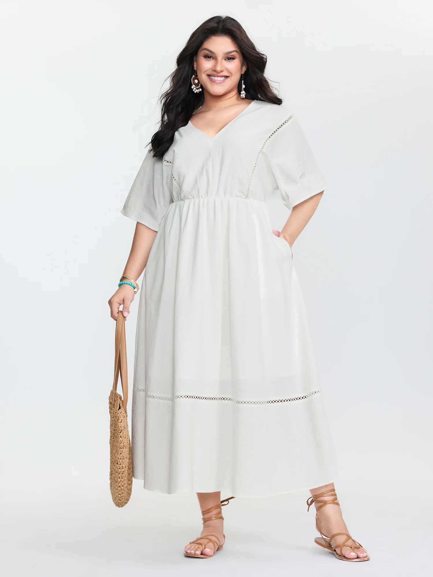 Cotton Lace Trim V-Neck Pockets Maxi Dress - Image 3